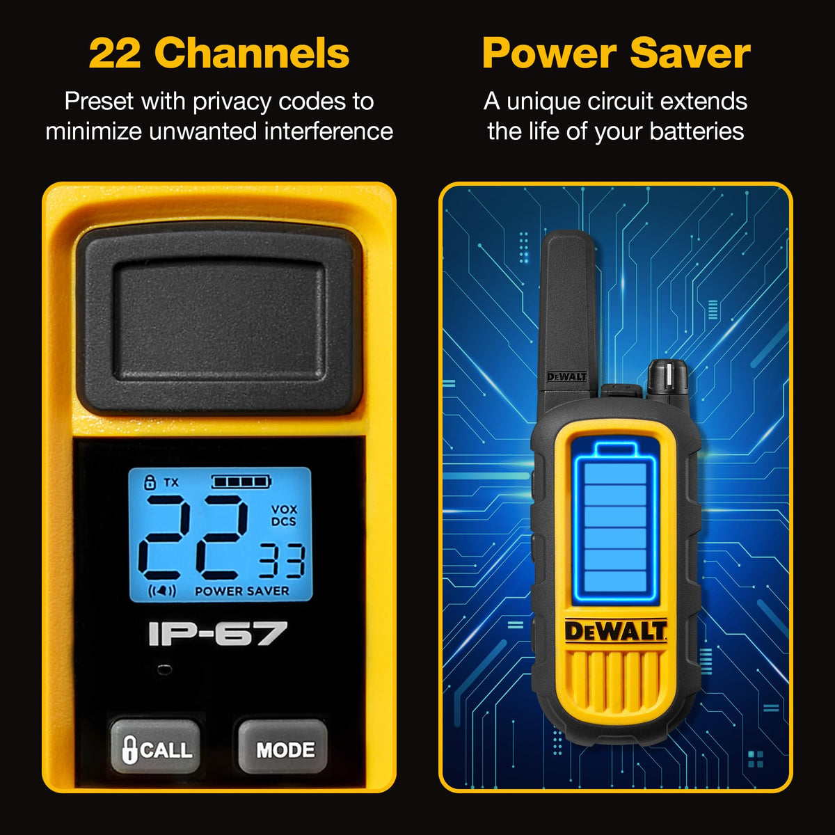 DEWALT DXFRS300 FRS Walkie Talkies, Long Range 2 Way Radio, 1W, IP67 Waterproof, Rechargeable, 2 Pack, DXFRS300