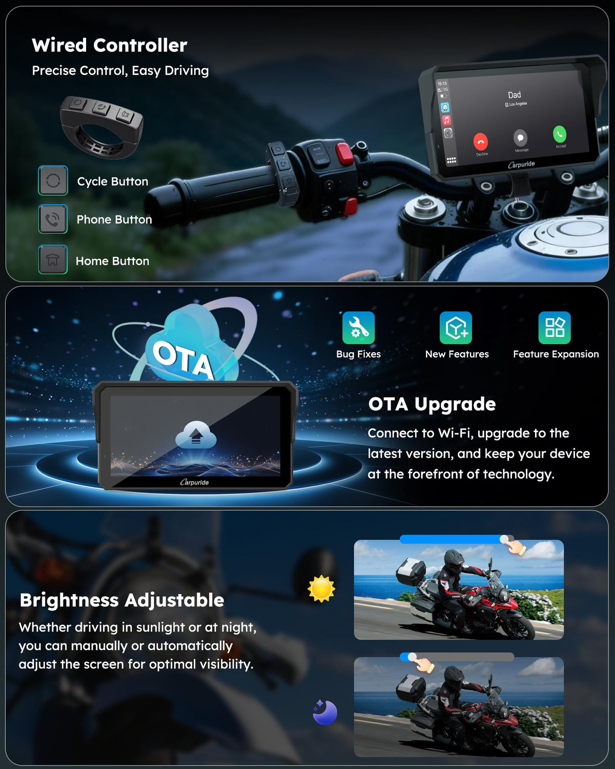Carpuride Motorcycle Carplay with Type-C Port & TPMS, 6.25" Wireless Car Play & Android Auto GPS Navigation Moto Screen with Wired Controller, IP67 Waterproof, OTA, Dual Bluetooth, Intercom,Play Music