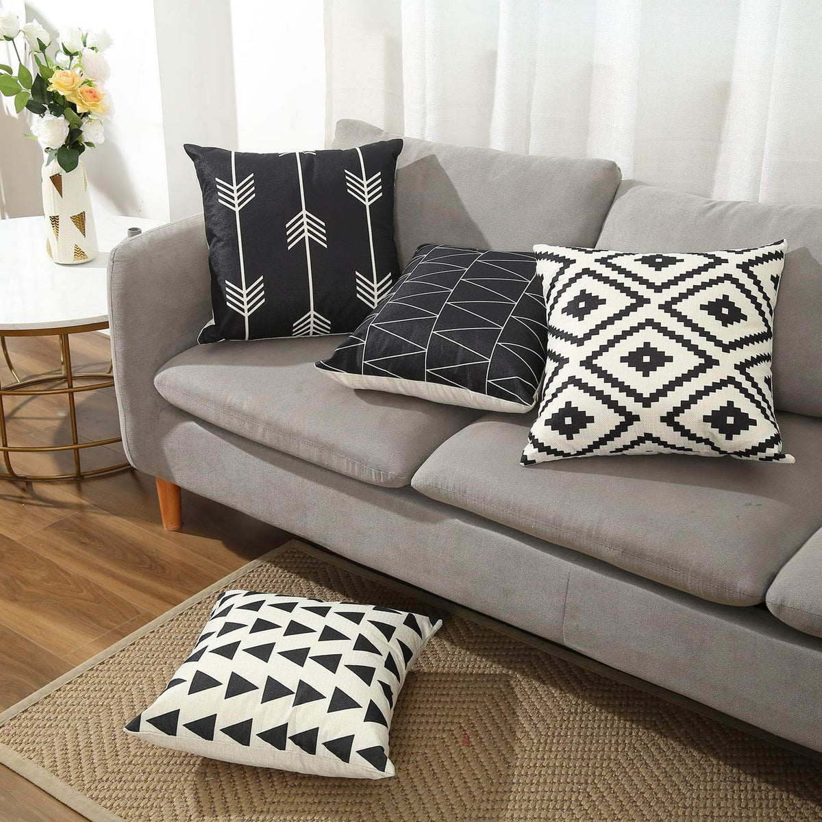 Tosewever Set of 4 Decorative Geometric 18 x 18 Inches Throw Pillow Covers - Modern Pattern Linen Square Pillow Cushion Case for Sofa Couch Bed Home Outdoor Car (18" x 18", Black)
