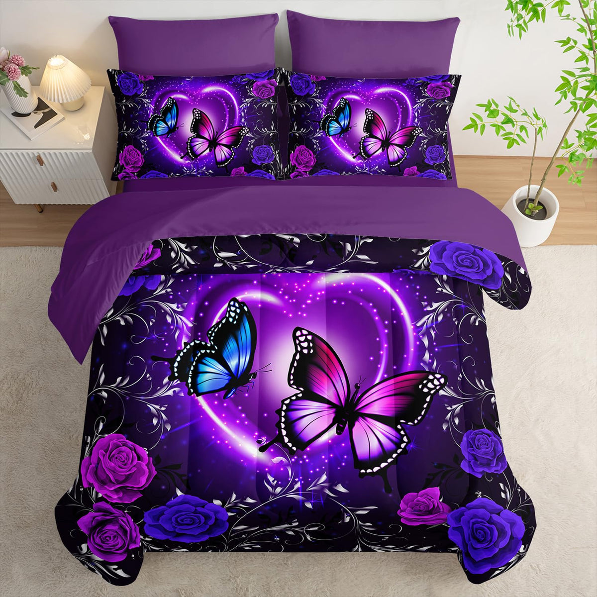 Tuzaovy Purple Butterfly Comforter Set 7 Piece Twin Size Bed in A Bag,Dreamy Butterfly Bedding for Girls Room Decor,Soft Microfiber Comforter with Fitted Sheet,Flat Sheet, Pillowcases & Shams