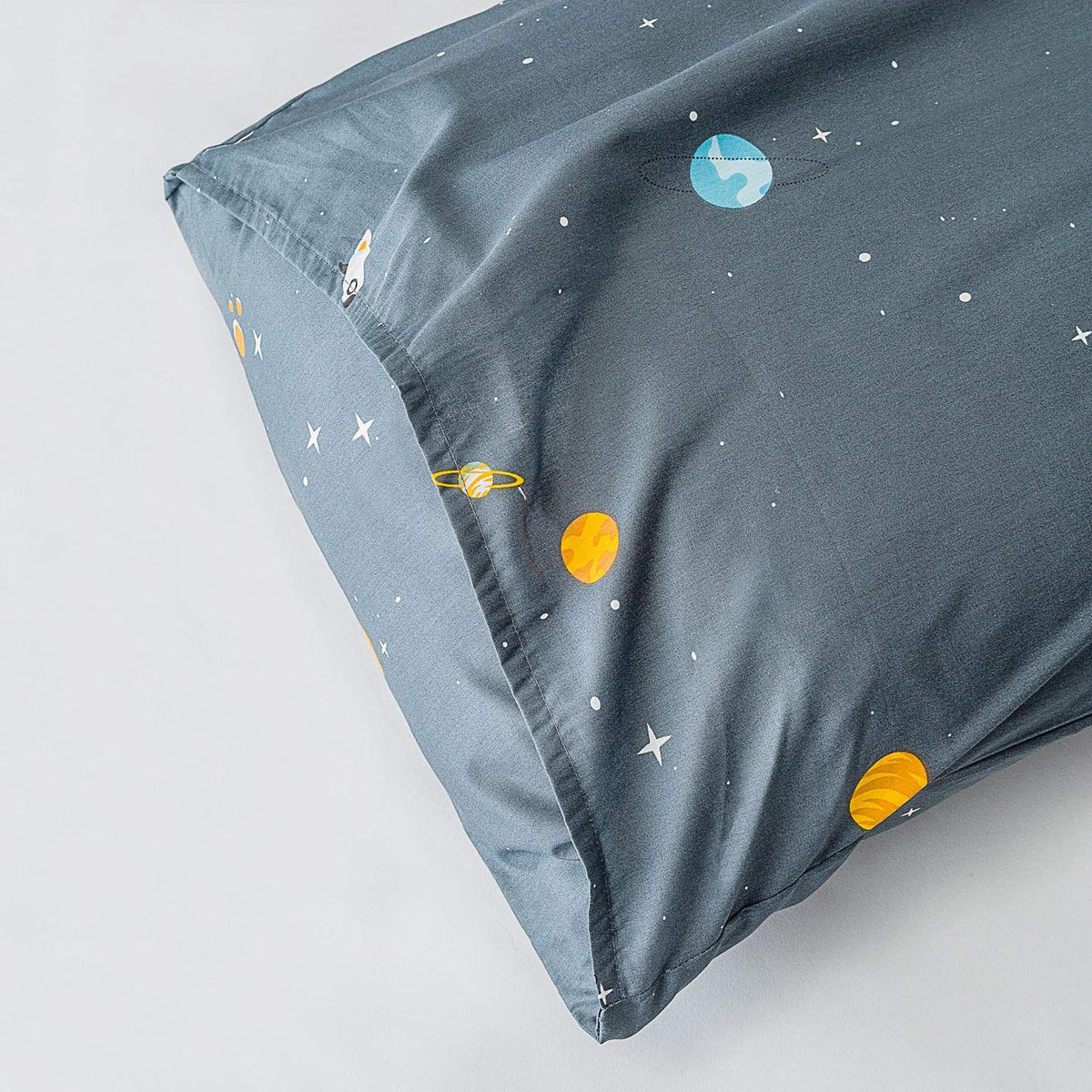 YuHeGuoJi Teal Space Duvet Cover Queen 100% Cotton 3 Pcs Set 1 Cartoon Yellow Blue Galaxy Duvet Cover with Zipper Ties 2 Pillowcases Modern Celestial Planet White Stars Bedding Set Soft