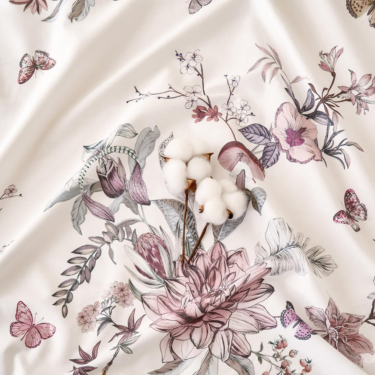 Huborise King Size Sheet Set Dusty Rose Floral Bed Sheets 100% Cotton 4Pcs, Light Pink Flower & Butterfly Printed Bed Set with Deep Pocket 17.5", Soft Breathable & Crisp, Luxury French Country Style