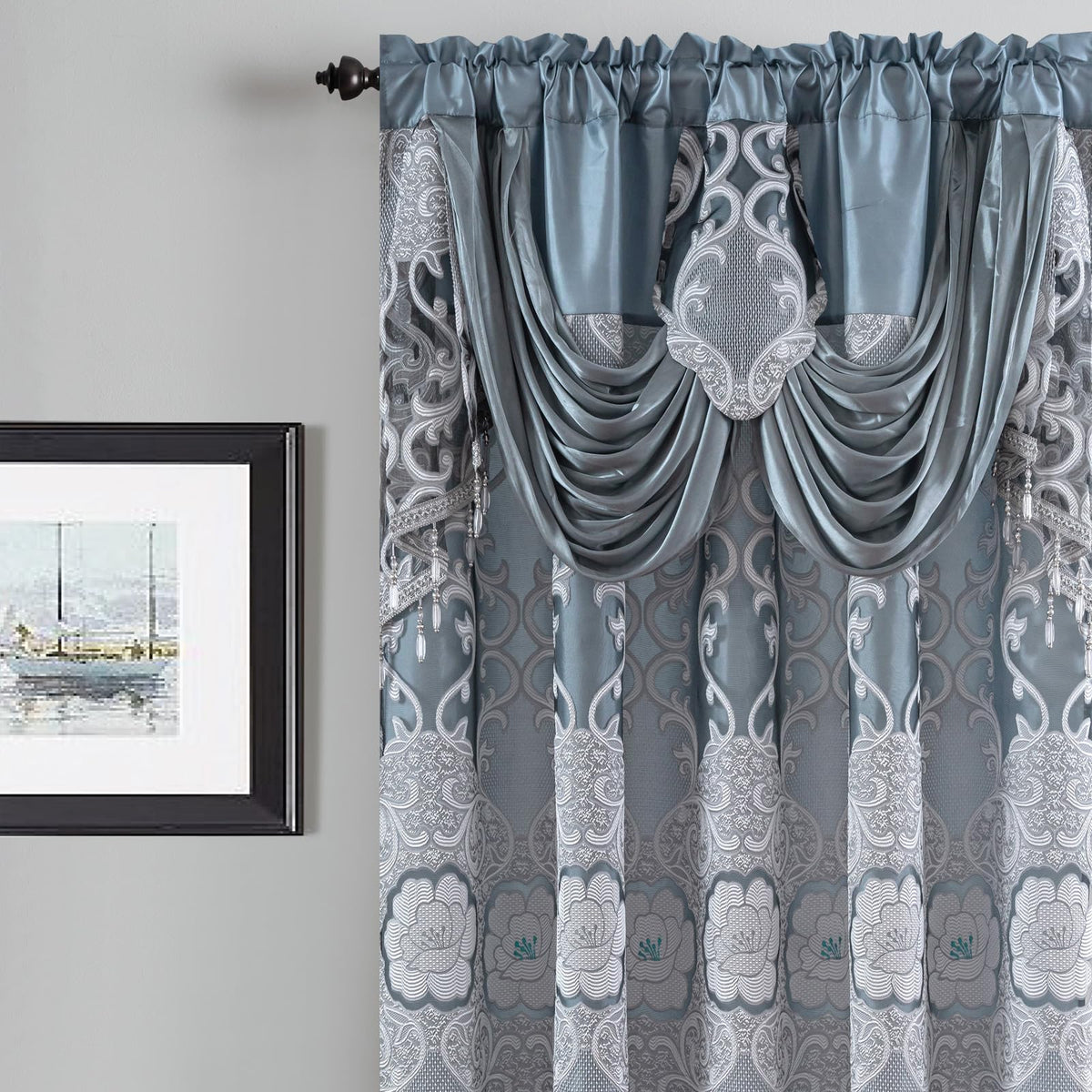 Petrichor Gray Sheer Jacquard Voile Curtains （54" W x 63" L）, 2 Panels with Attached Valance, Double Layer Floral Cutwork Design with Luxurious Texture, Rod Pocket, for Bedroom & Living Room