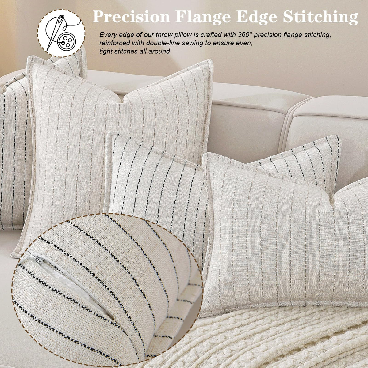 QDTTSRY Decorative Neutral Black Striped Throw Pillow Covers Set of 2-18x18 Inch Boho Farmhouse Pillow Covers, Breathable & Soft Neutral Linen Blend Cushion Covers for Couch Sofa Bedroom Living Room