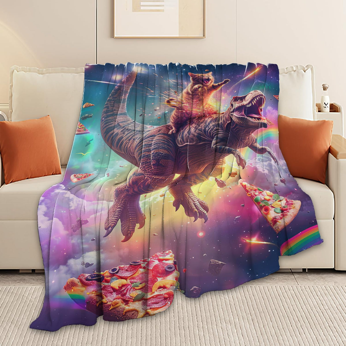 Cat and Dinosaur Blanket Rainbow Pizza Dino Cat Throw Blanket Gifts for Adults Men Women Boys Girls Kids Super Soft Cozy Plush Fluffy Fuzzy Fleece Blanket Decor 60''X80''