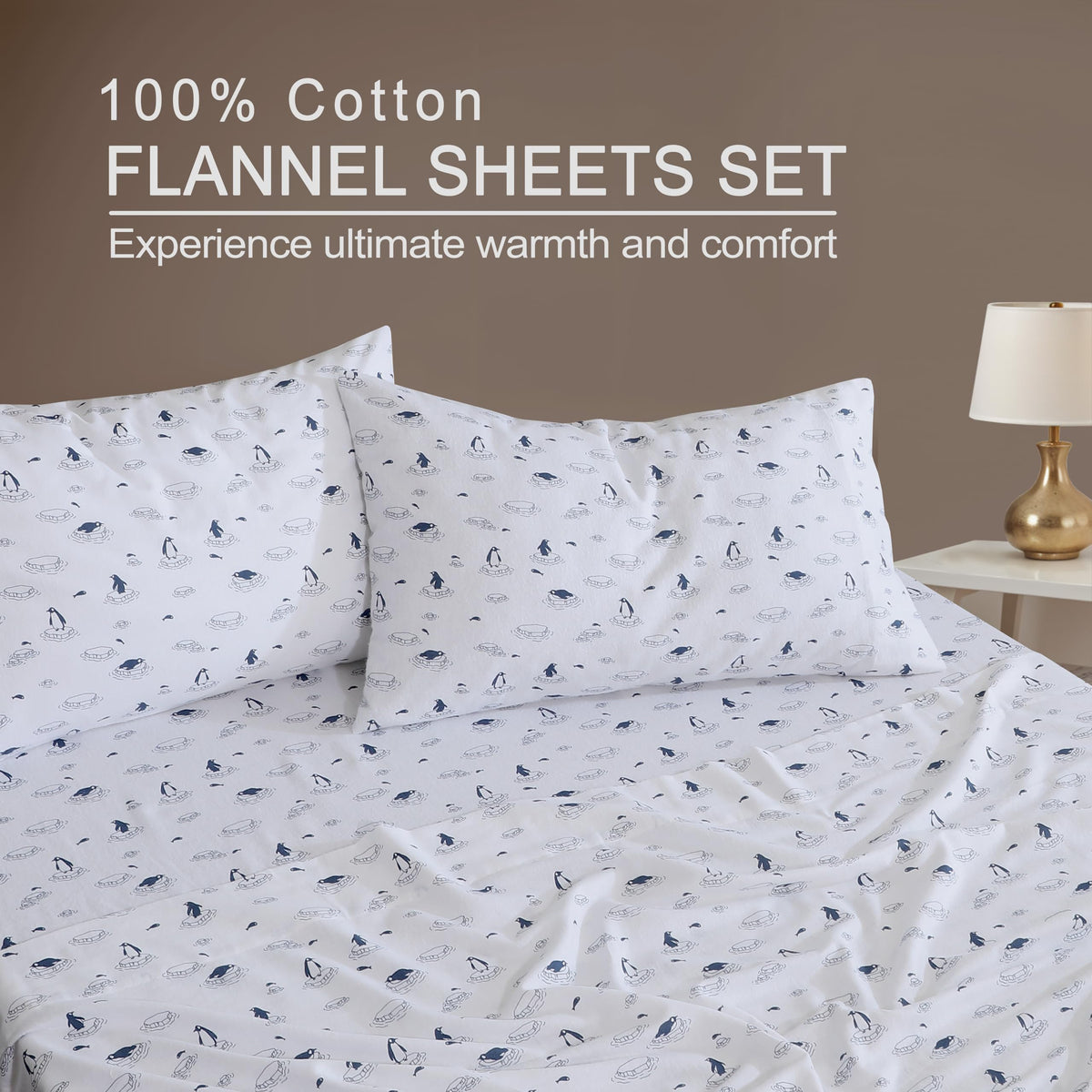 ZOYER Flannel Sheets King Size - 100% Cotton Double Brushed King Size Sheets Set - Deep Pockets 16 Inches Bed Sheets - All Seasons Breathable & Extra Soft - Warm & Cozy, 4 Piece, Peguin Edge