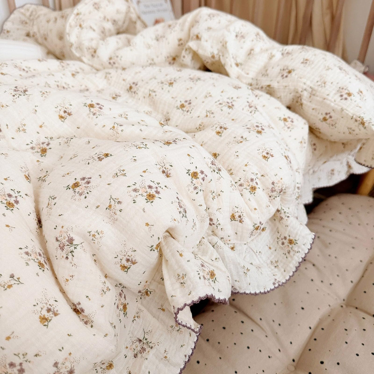 BuLuTu Beige Kids Toddler Baby Duvet Cover Girls Muslin Duvet Covers Floral Nursery Quilt Cover Gauze Bedding Coverlet, 47"x59", Crapemyrtle Print (No Pillowcases)