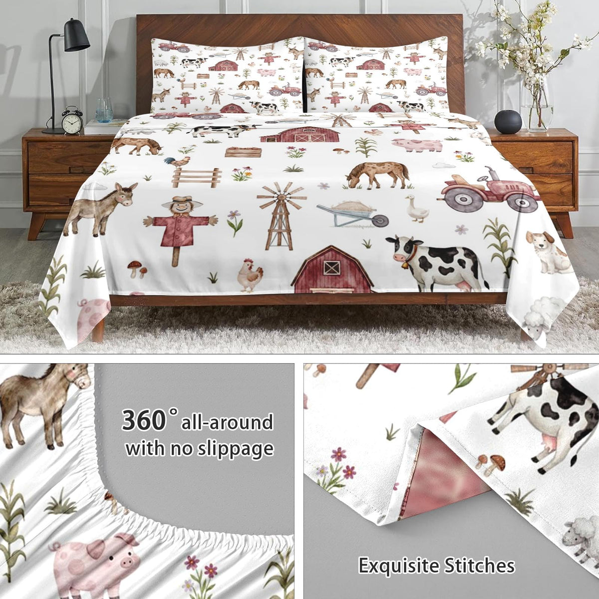 WeCozy Queen Size 4 Pcs Bed Fitted Sheet Set with 14" Deep Pocket, Animal Farm Tractor Flat Sheet Set for Kids and Adults, House Tree Pig Bedding with 2 Pillowcases for Bedroom Decor