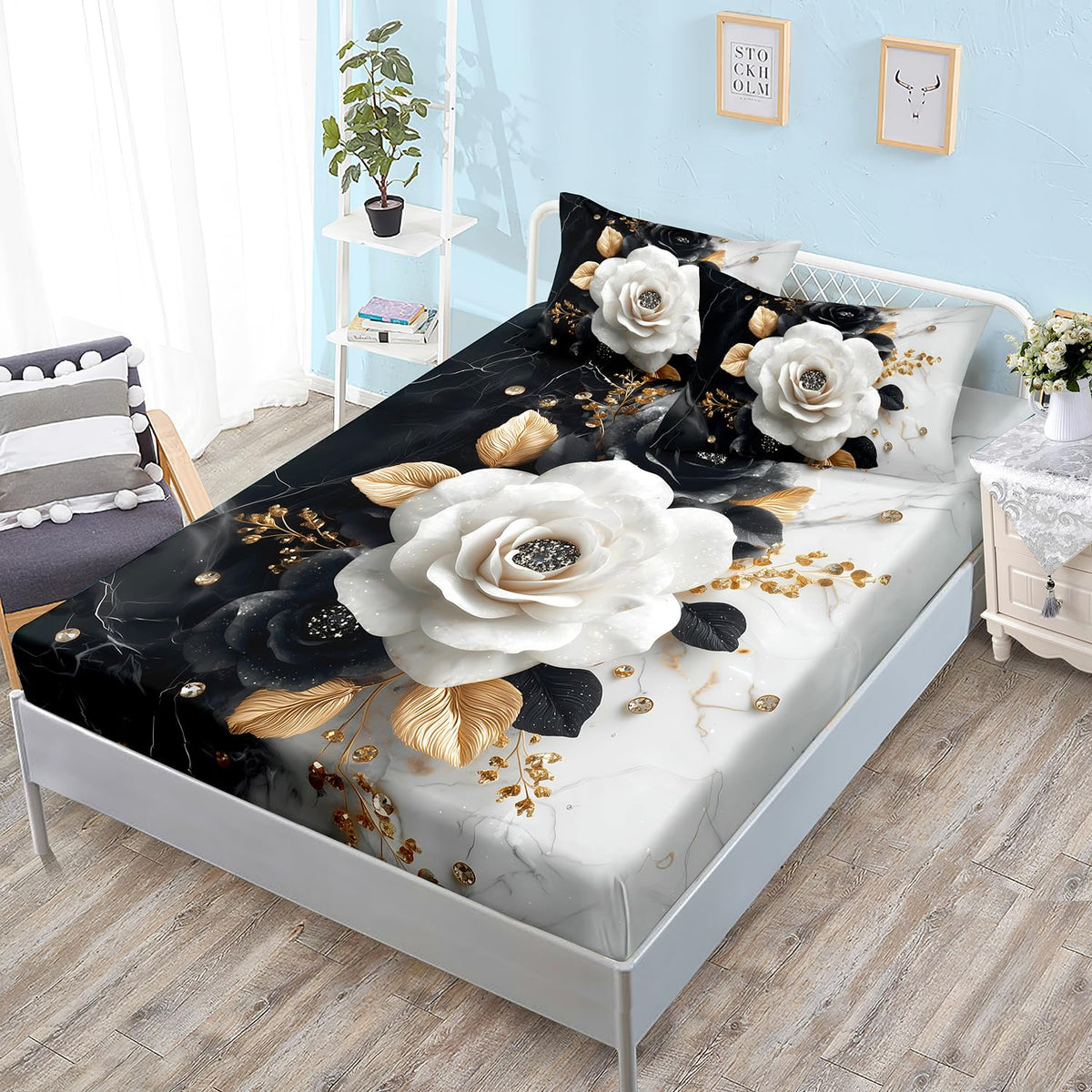 HOSIMA Floral Twin Bedding Sets for Women,Black White Marble Grain Ink Fluid Art Fitted Sheet for Girls Room Decor,Golden Leaves Pattern Lightweight Floral Bedding,1 Fitted Sheet+2 Pillowcases.
