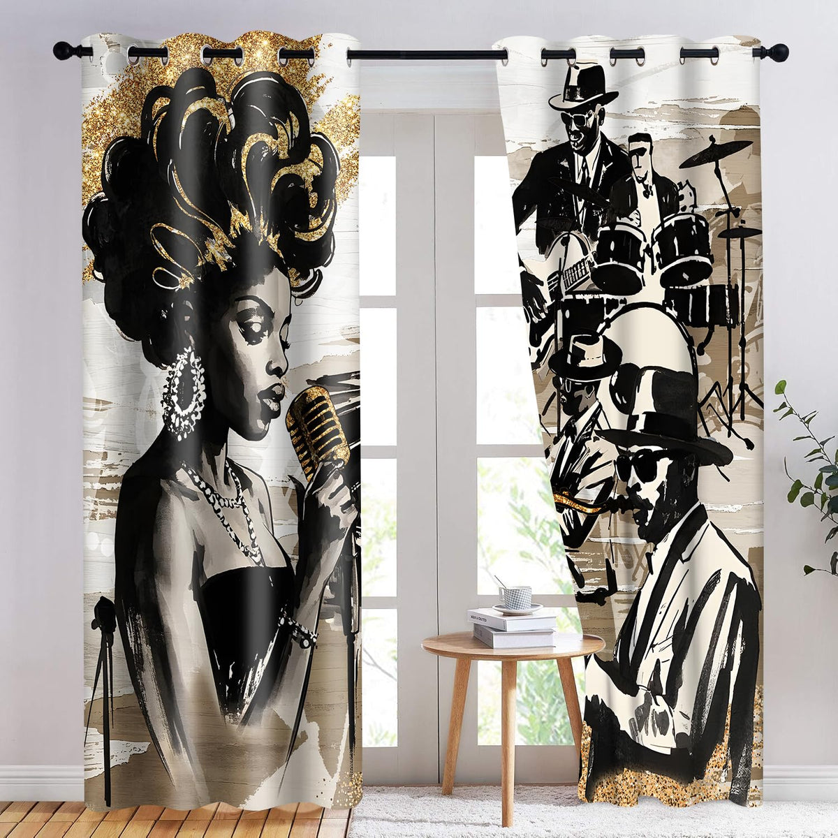 HIYSMT American Woman Jazz Music Curtains African Black Girl Singing Jazzist Band Blackout Curtain Afrocentric Black Gold Modern Art Treatments for Music Room Bedroom 4284inch 2Panel HI028DX