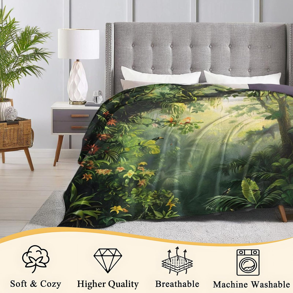 SOMEKLLY Camping Throw Blanket Soft Cozy Lightweight Flannel Blankets with Night Forest Campfire and Northern Light Art Printed for Outdoor Lovers Bedroom Dorm Office Home Decor Gifts 50x60 Inch