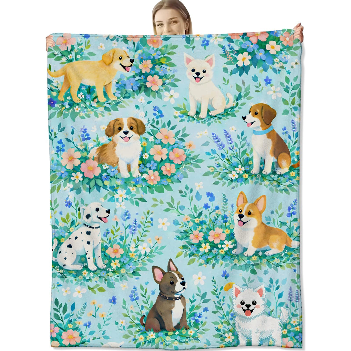 cromcu Dog Blanket for Dog Lovers and Kids Adults, Adorable Floral Puppy Flannel Blankets, Cute Pet Gifts, Blue Soft Warm Cozy Throws for Sofa Couch Bed Living Room Bedroom Home Decor 60" x 50"