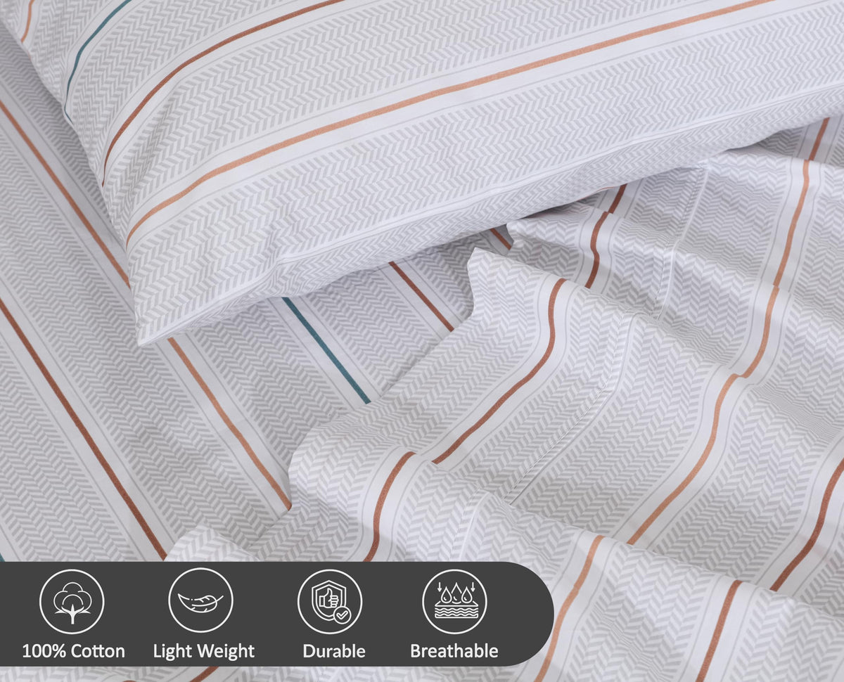 RUVANTI 100% Cotton Percale Sheets Full Size – Crisp Cooling Bed Sheets for Hot Sleepers, Deep Pocket 16”, Soft Breathable & Durable Hotel-Style 4 Piece Set, Chevron Twill Stripe