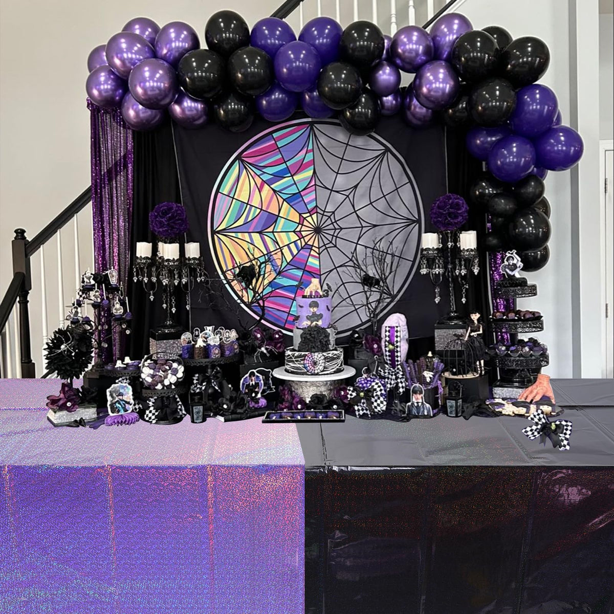 2 Pack Iridescent Black and Purple Plastic Tablecloth 54x108 Inch, Holographic Laser Disposable Table Cover, Rectangle Black and Purple Table Cloth for Halloween Holiday Birthday Party Decorations