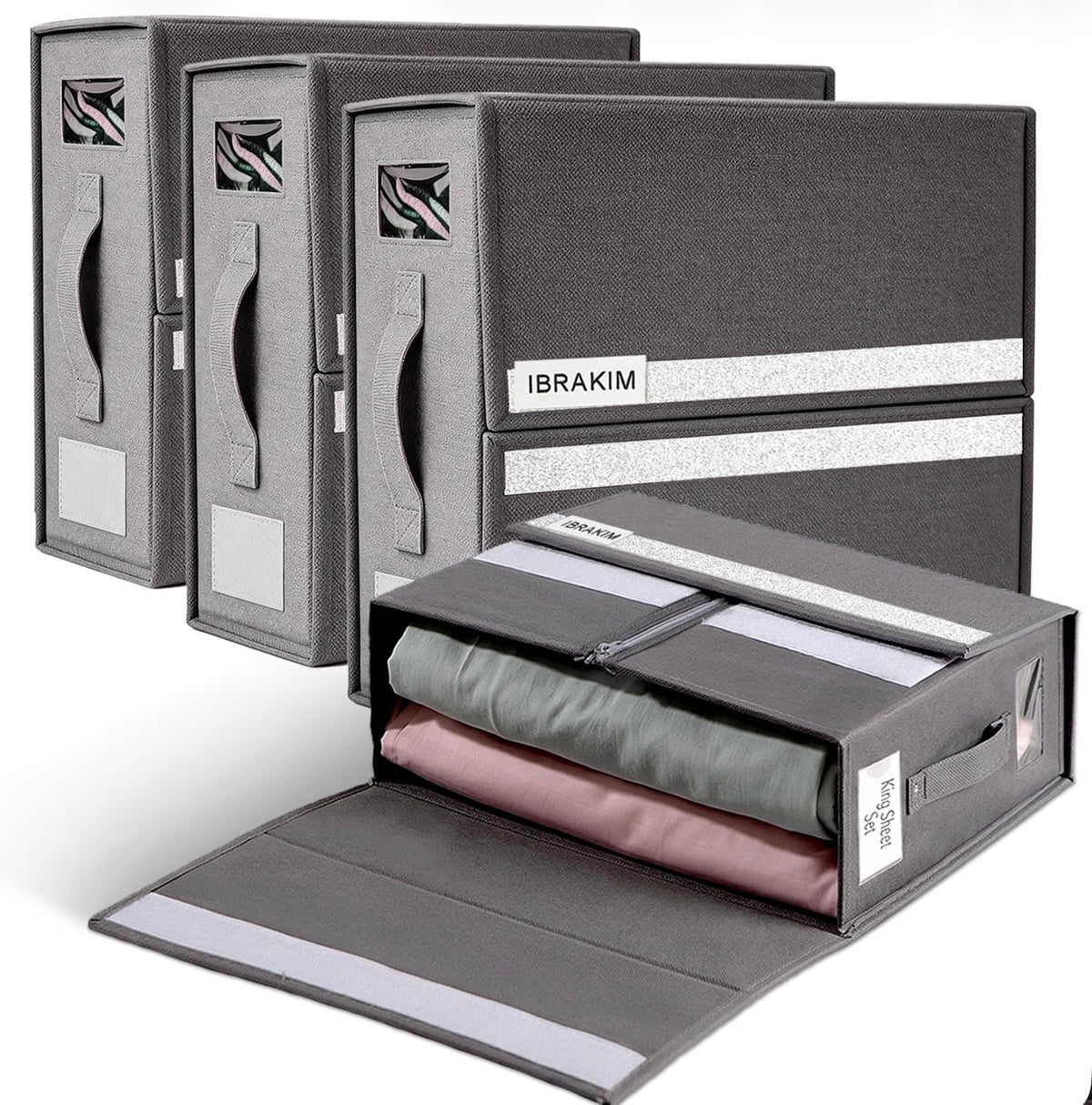 IBRAKIM Bedsheet Organizer Set of 4, Linen Storage Organizer for Closet and Under Bed, Foldable Bedding Organizer for Sheets, Blankets, Comforters, Closet Storage Bins, Grey
