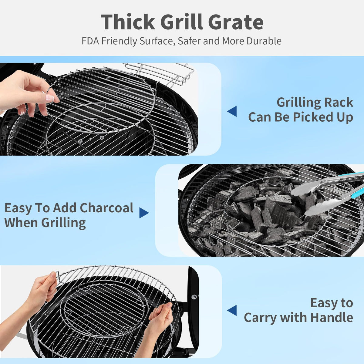 22.5-Inch Portable Charcoal Grill, Heavy Duty Kettle BBQ Smoker with Built-in Thermometer & Removable Water-Rinsable Ash Catcher for Outdoor Camping, Patio, Backyard, and Tailgating