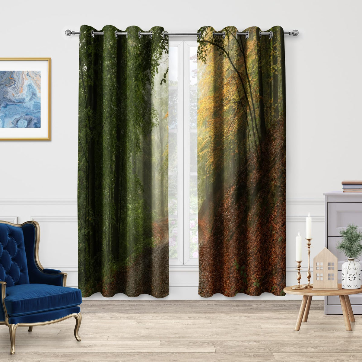 Jekeno Mountain Forest Blackout Curtains Misty Foggy Nature Scenery Mountain Woodland Trees Landscape Grommet Top Drapes Decor Bedroom Living Room Darkening Window Treatments 2 Panels Set, 52"x 84"