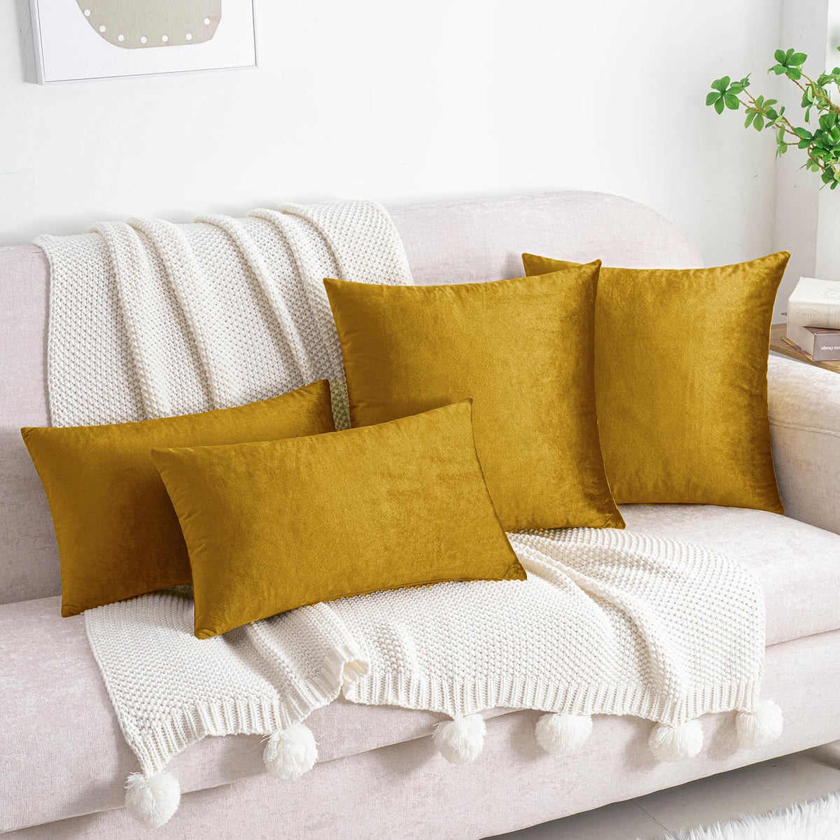 HWY 50 Dark Gold Velvet Throw Pillow Covers 16x16 Inch, Pack of 2 Soft Cozy Solid Decorative Luxury Cushion Cases for Couch Sofa Bed Living Room Bedroom