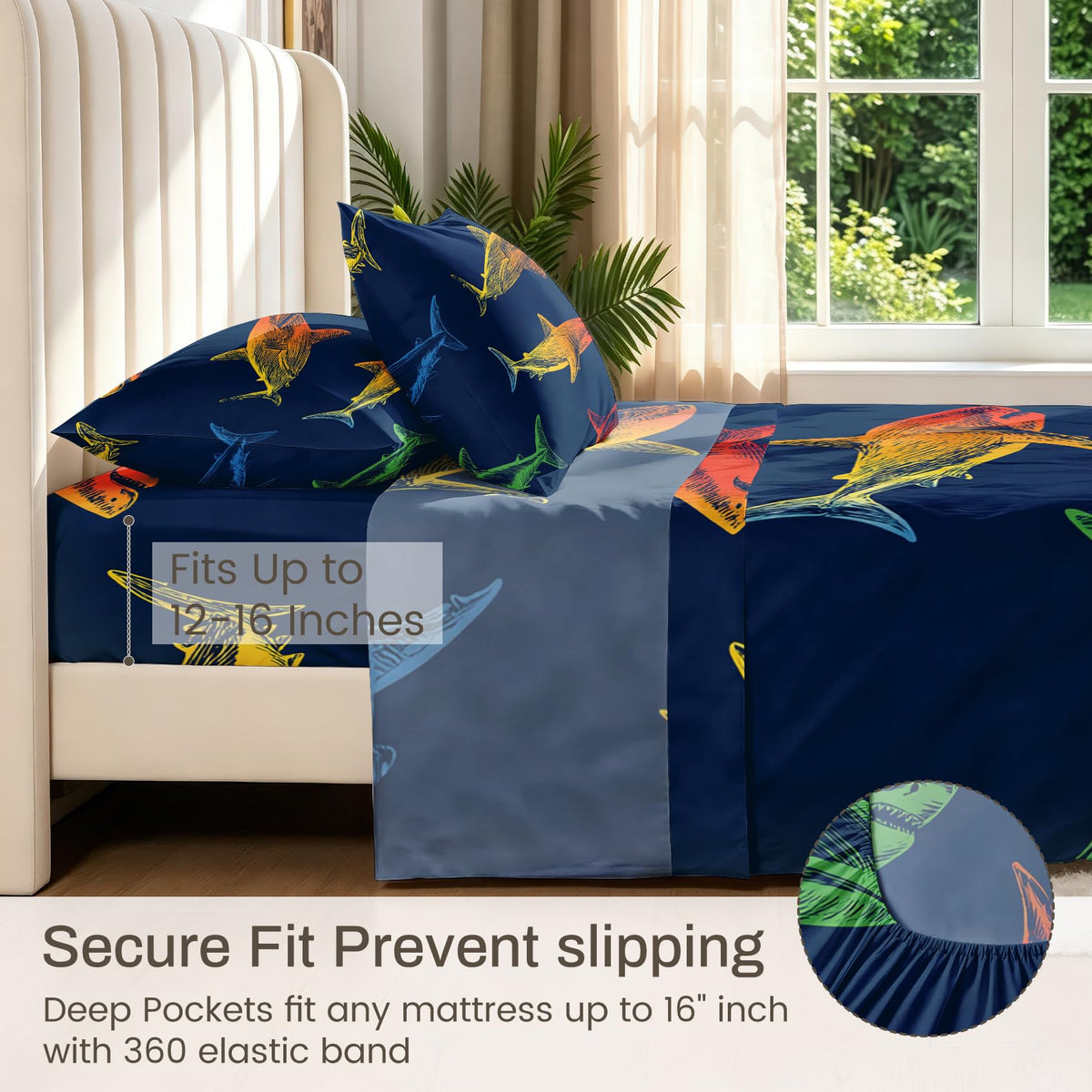 Shark Bedding Set 3 Pcs Marine Life Twin Sheets, Navy Blue
