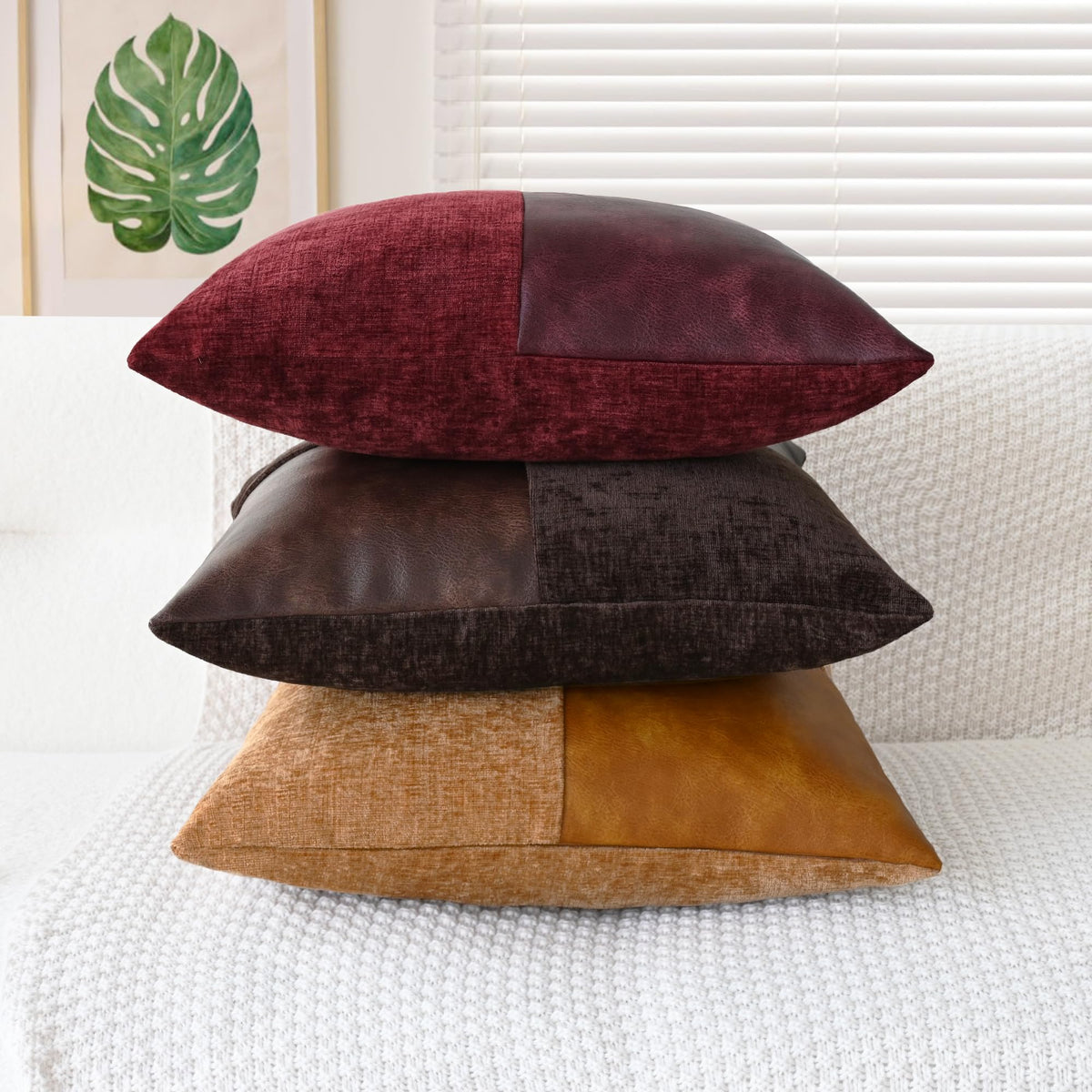 CaliTime Throw Pillow Covers Decorative 18 X 18 Inches Pack of 2 Cozy Chenille Faux Leather Splicing Cushion Cases for Couch Sofa Bed Living Room Home Coffee