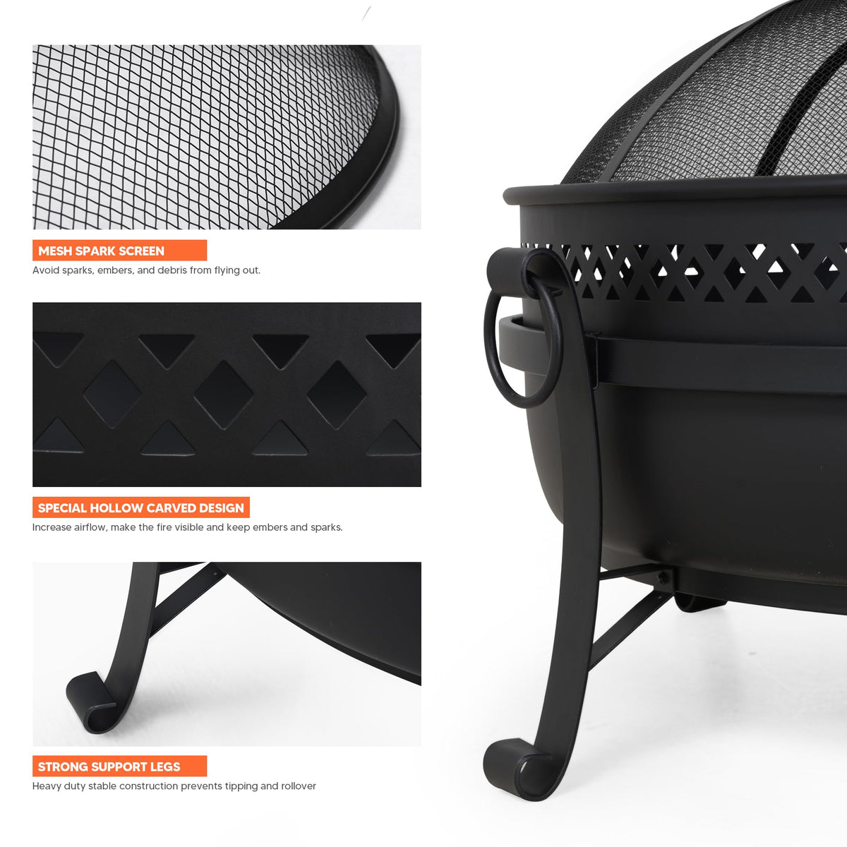 SUNCREAT Outdoor Patio Fire Pit with Mesh Spark Screen, 40" Portable Fire Pit for Camping, Black