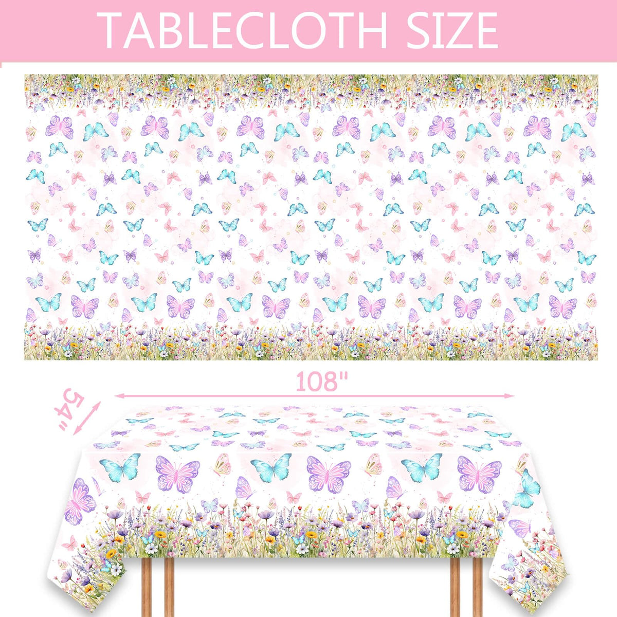 LetDec 6 Pack Butterfly Tablecloth Birthday Party Decorations for Spring Butterfly Theme Girls Baby Shower 1st 2nd 3rd 4th Birthday Party Table Supplies Favors, 108 x 54 Inch