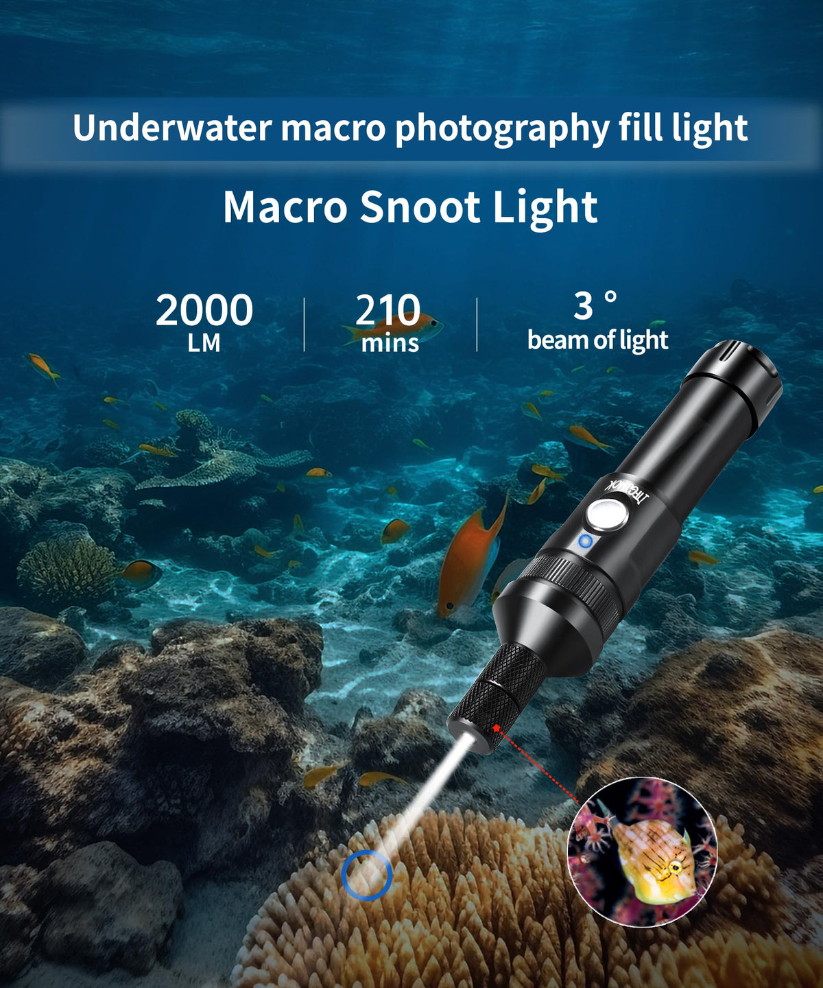 ITFGIMOK Super Bright Dive Light, IP68 Waterproof Flashlight with 3 Adjustable Beams (3° Spot/24° Flood/72° Wide), for Underwater Photography, Macro Video, Night Diving