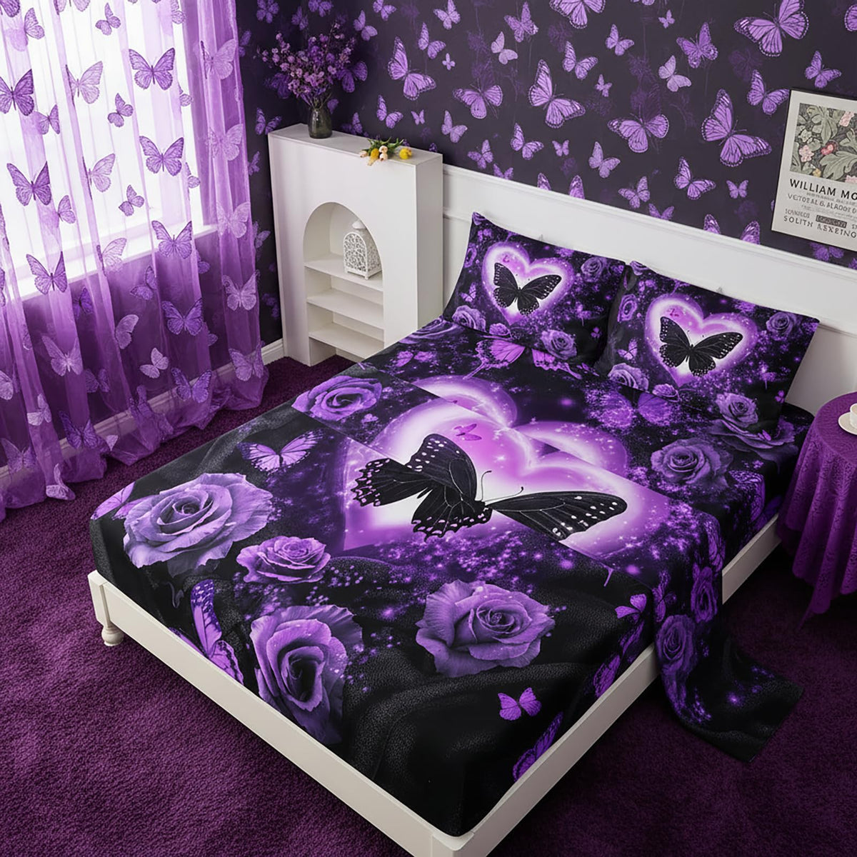 QOOMO Purple Butterfly Kids Sheets Full Size,Rose 16" Deep Pocket Bed Sheet Set,Rose Printed Bedroom Decor Bedding Set Soft and Breathable for Boys/Girls/Kids/Teens