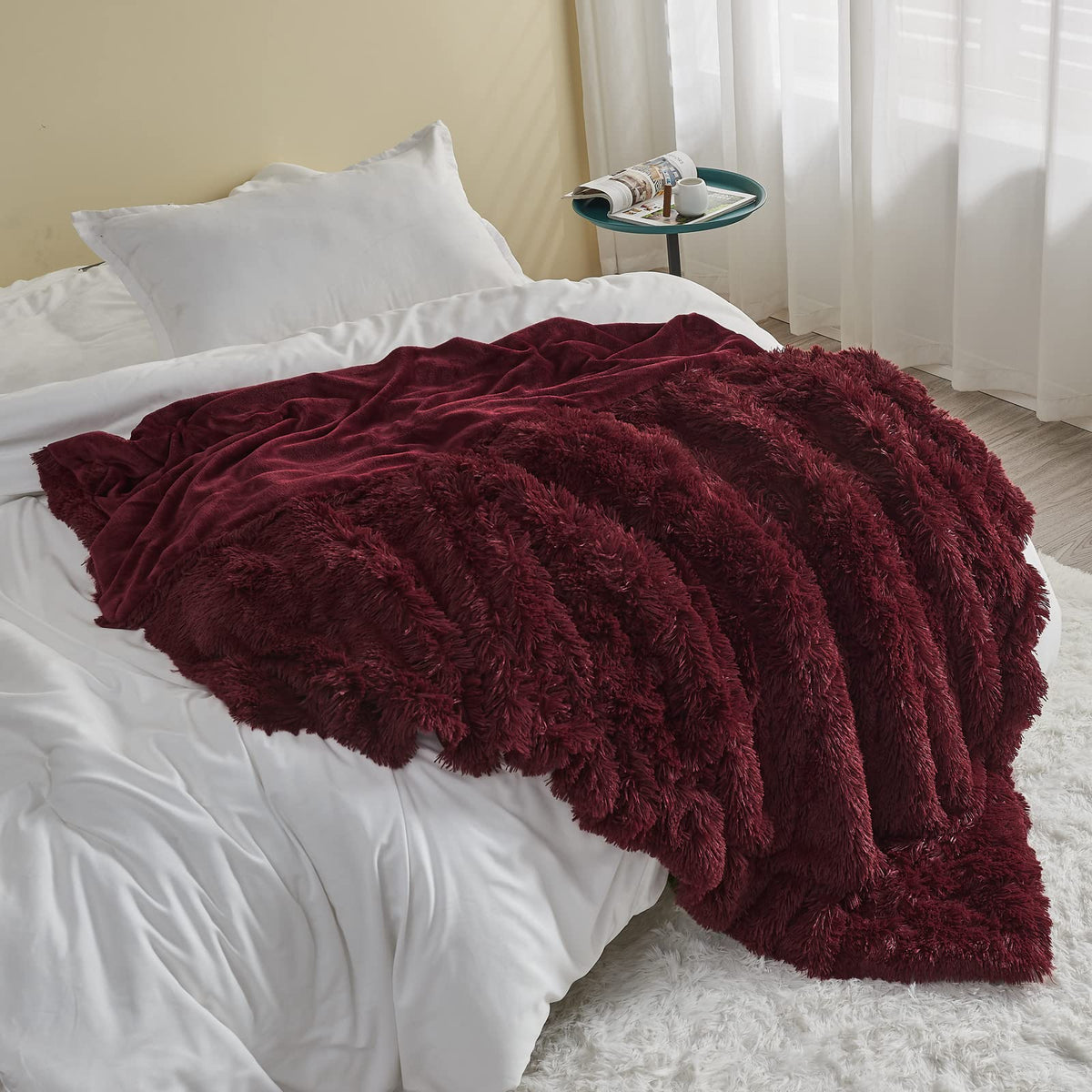 GONAAP Fuzzy Faux Fur Throw Blanket Queen Size Wine Red Super Soft Cozy Plush Fuzzy Shaggy Blanket for Couch Sofa Bed (Wine Red, Queen(90"x90"))