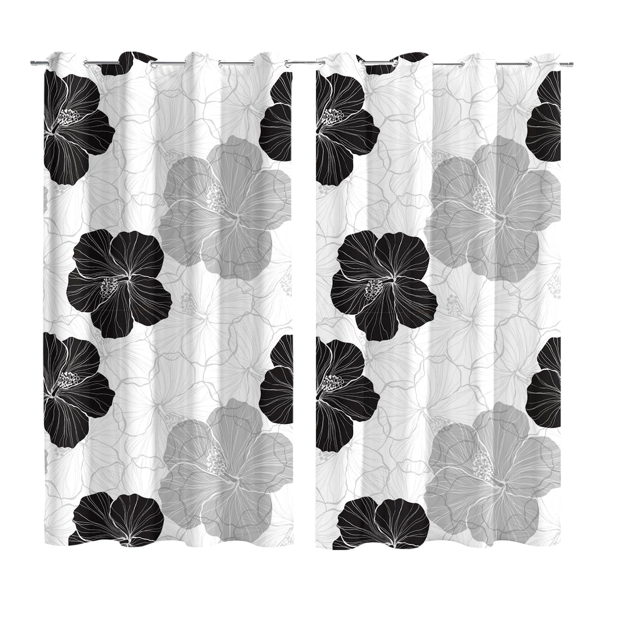LADYVOGUE 100% Blackout Curtains 2 Panels Set Black White Grey Floral Black Out Curtain Gray Flower Chic Thermal Insulated Window Treatments Decor for Living Room Bedroom Darkening Curtain 52x84 Inch
