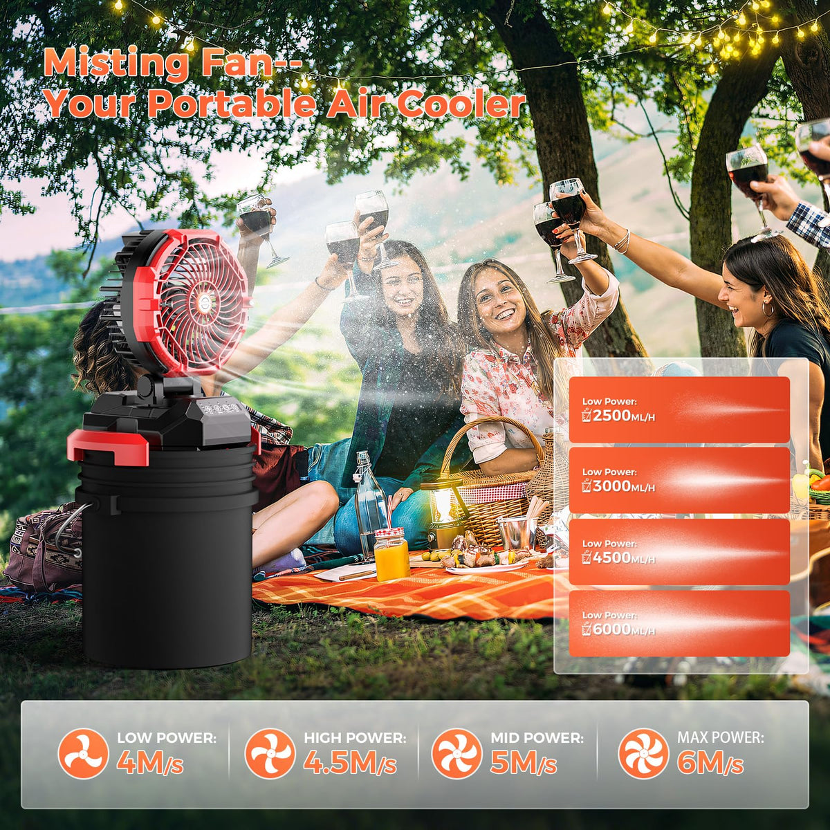 Portable Misting Fan, 30000mAh Rechargeable Battery Powered Floor Cooling Fan with 4 Strong Winds, 4 Spray Mister, Adjustable Base for 10-13in Bucket for Camping, Beach, Patio (No Bucket)- Red