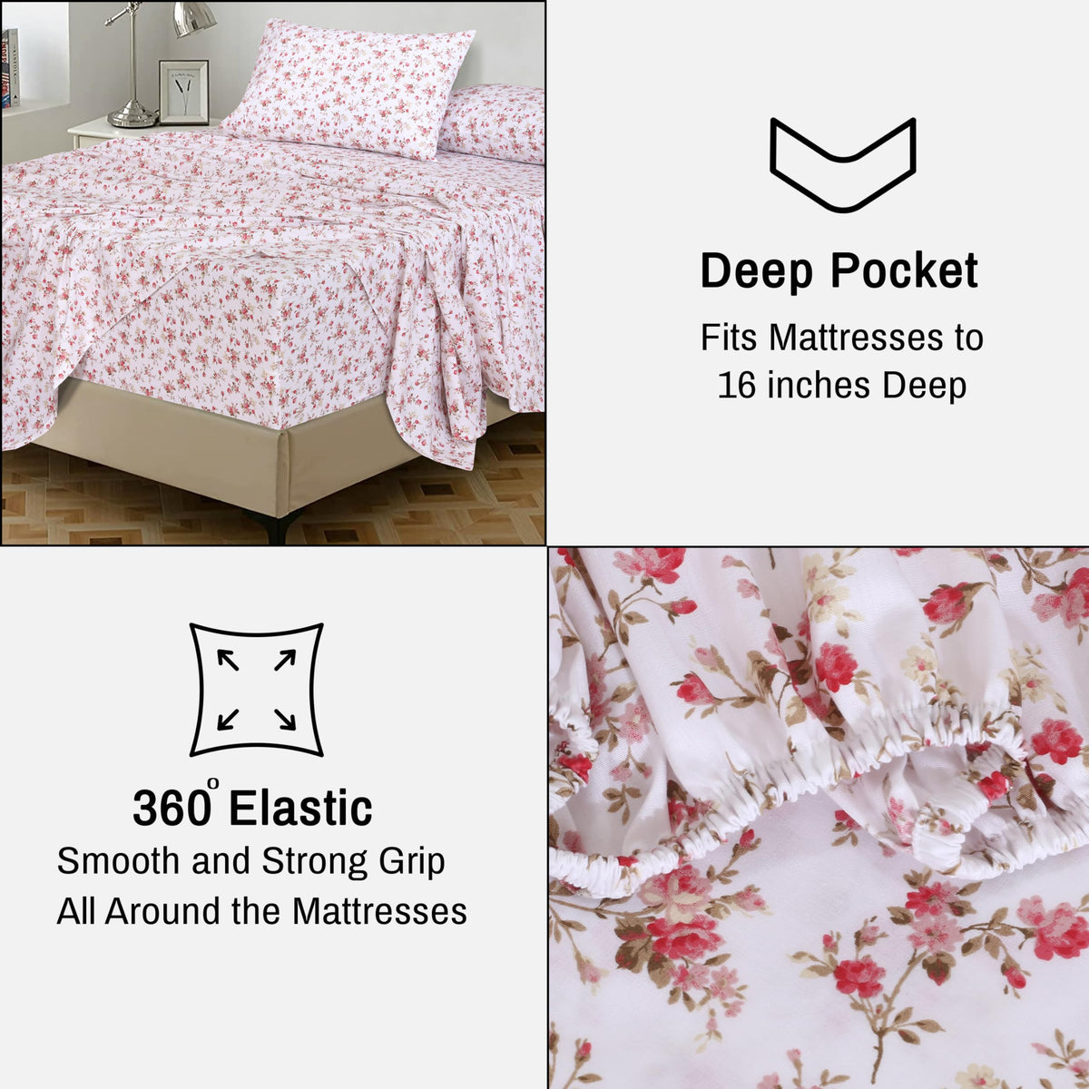 RUVANTI 100% Cotton Percale Sheets Queen Size, Bouquet