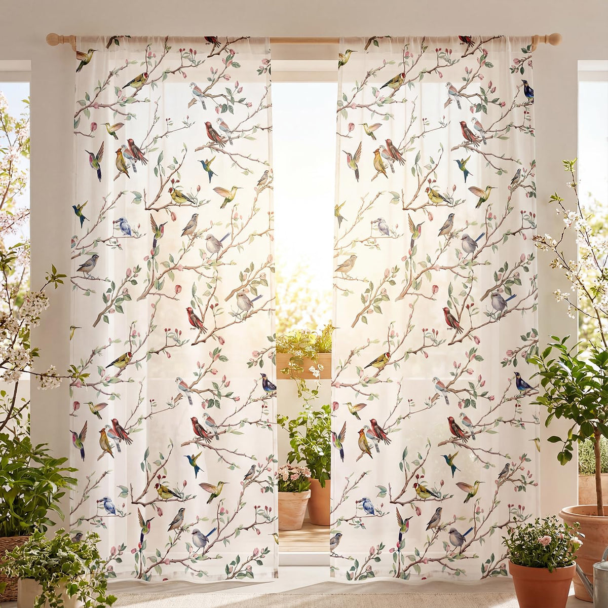 Horaldaily Outdoor Sheer Curtains for Living Room and Bedroom, Birds Branch Floral Window Curtains, Holiday Window Drapes Decor, 52" W x 84" L, Set of 2 Curtain Panels