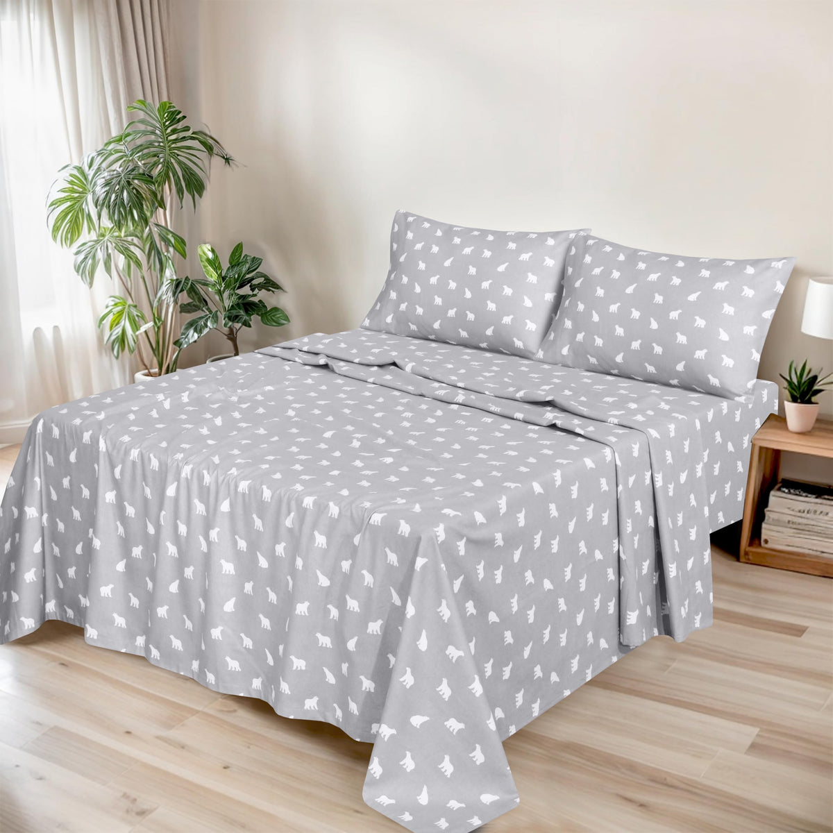 RUVANTI Flannel Sheets Queen Size - GOTS Certified 100% Organic Cotton, 4 Piece Warm, Soft & Breathable Set, Deep Pocket Snug Fit, Double Brushed Cozy All Season Bedding, Baby Bear