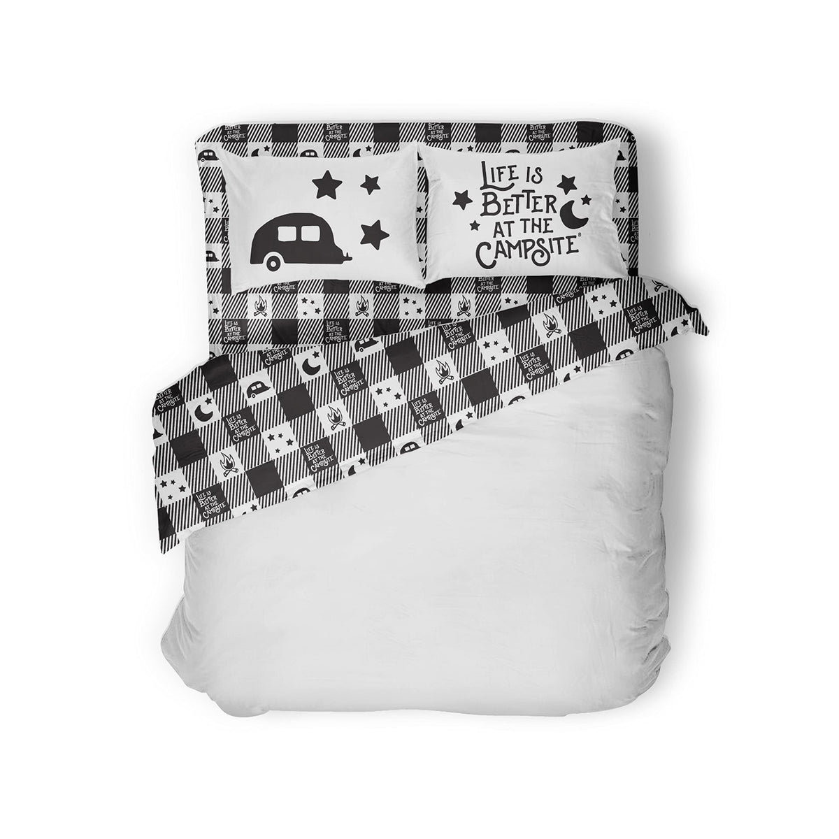 Camco Life is Better at The Campsite Camper/RV King Sized Bed Sheet Set | Features Camping Theme Design on Buffalo Plaid Pattern | Crafted of Soft Machine Washable Polyester | 4-Piece Set (53474)