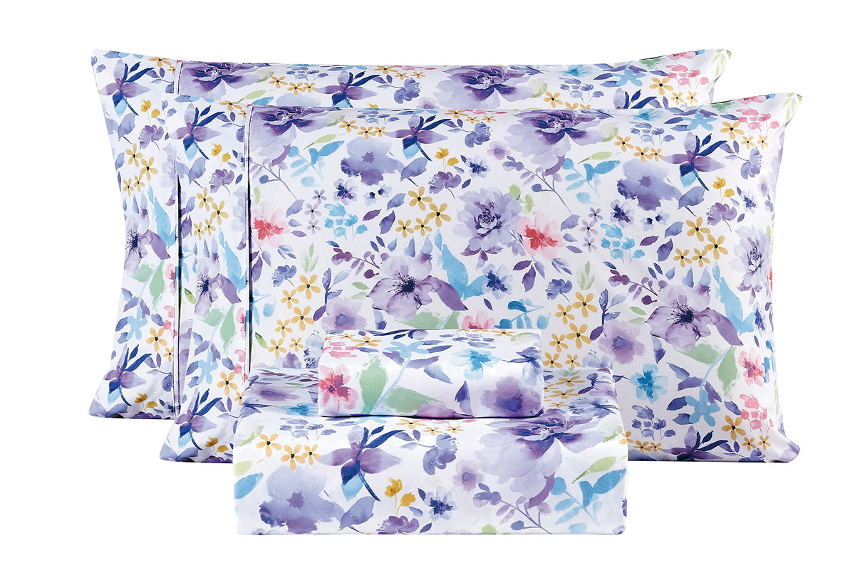 Mooreeke Floral Full Sheets, Soft Breathable Microfiber Vintage Printed Bed Sheet Set, Deep Pocket Non-Slip Fitted Sheet Included, Purple Flower Pattern