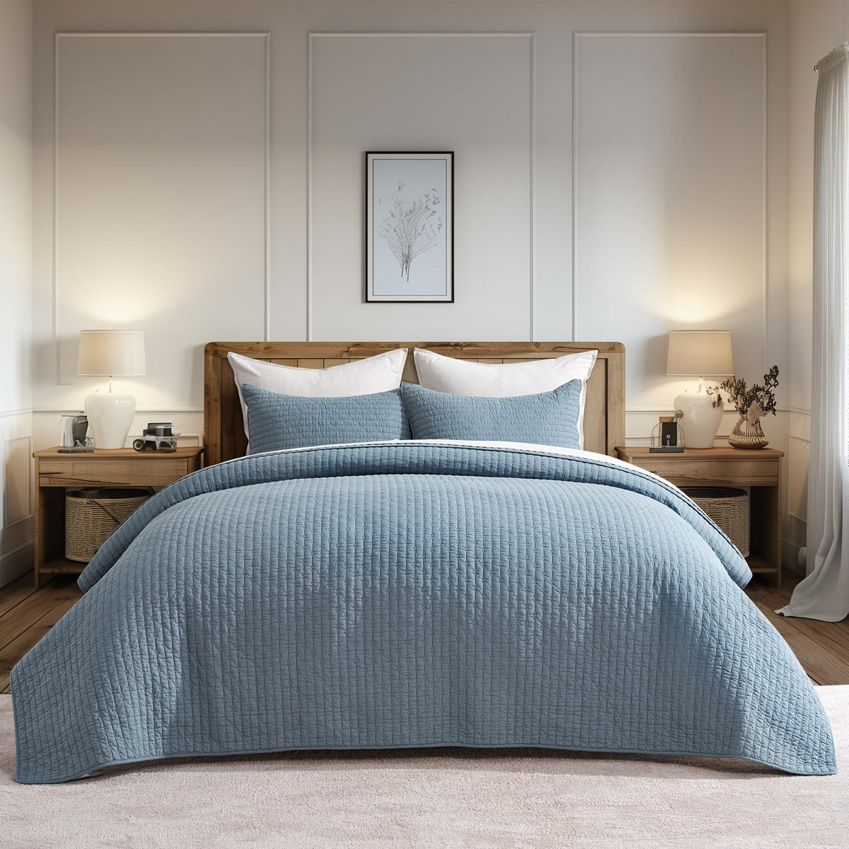EVERGRACE x Kinsey Walsh Cross Stitch Pre-Washed Cotton Quilt Bedding Set King Size, Oversized 3 Pieces Lightweight Bedspread Coverlet for All Season, with 2 Matching Shams, Dusty Blue, 108"x96"