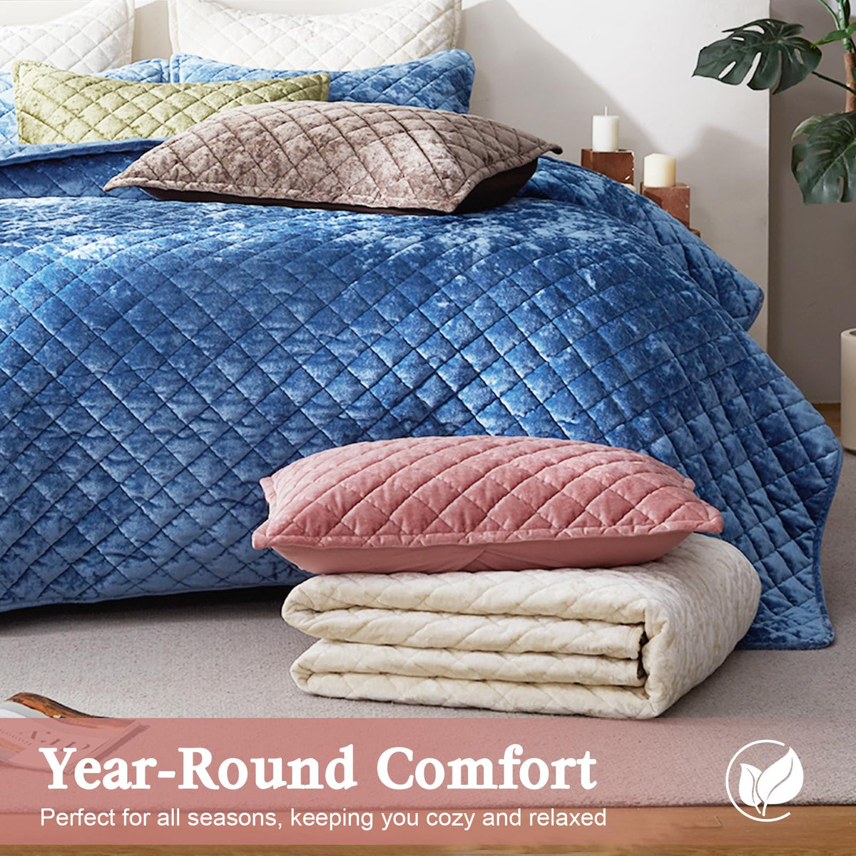 Cosybay Luxury Velvet Quilt Set Queen, Lightweight Oversized Bedspread Coverlet Quilted Box Stitch Bedding Set, with 2 Matching Pillow Shams, for All Season, Rose Pink
