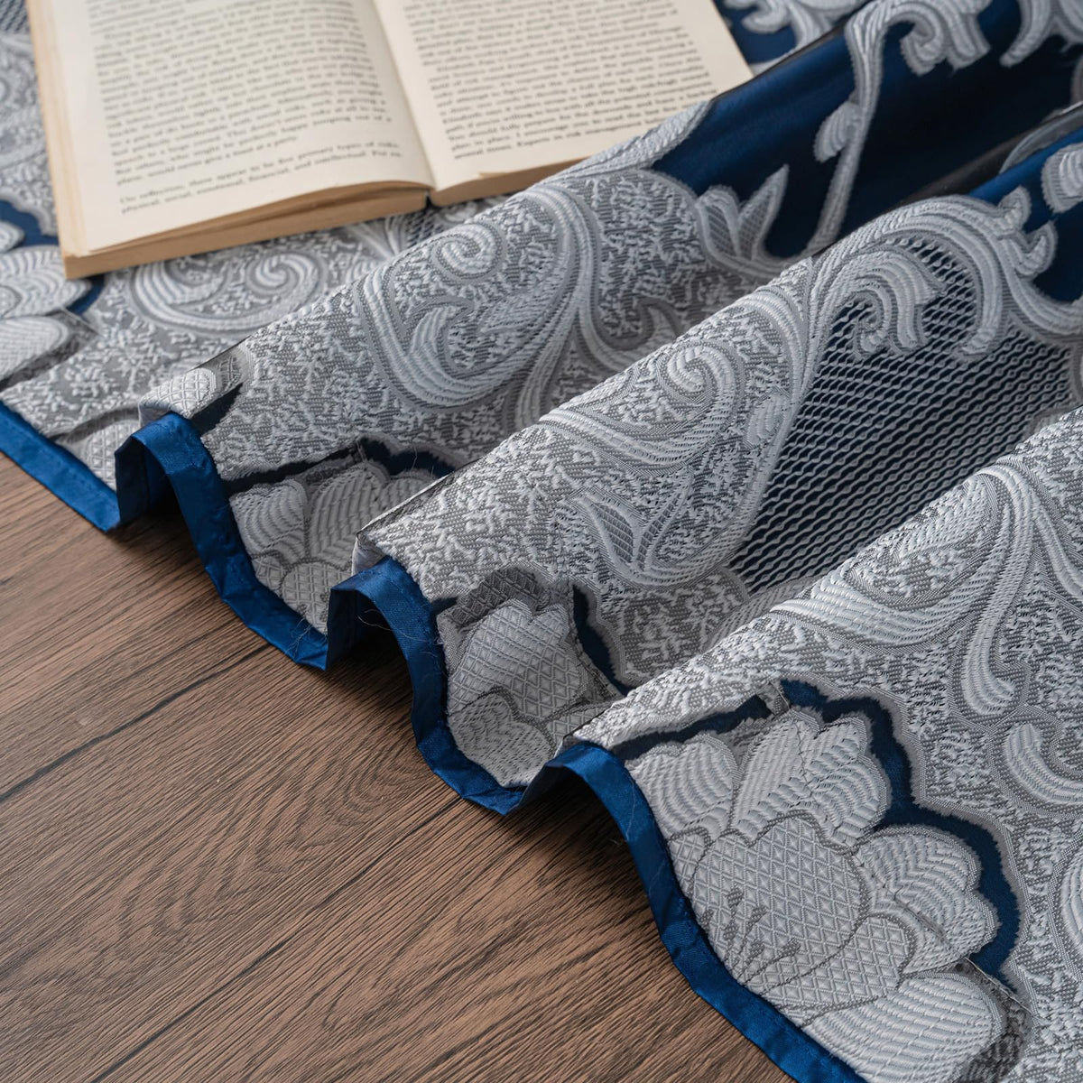 Petrichor Navy Sheer Jacquard Voile Curtains （54" W x 63" L）, 2 Panels with Attached Valance, Double Layer Floral Cutwork Design with Luxurious Texture, Rod Pocket, for Bedroom & Living Room