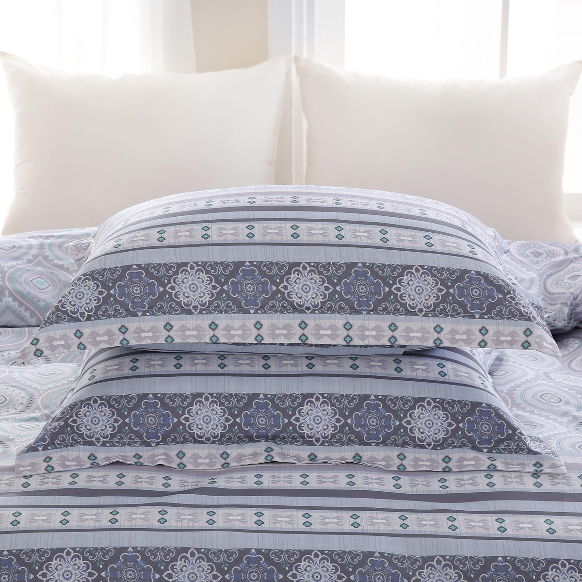 Ocharo Boho Duvet Cover King Size 100% Cotton,Reversible Duvet Cover Set with Bohemian Floral Striped Printed,Soft 3 Pieces Paisley Pattern Duvet Bedding Cover Set with 2 Pillow Shams,Grey Purple