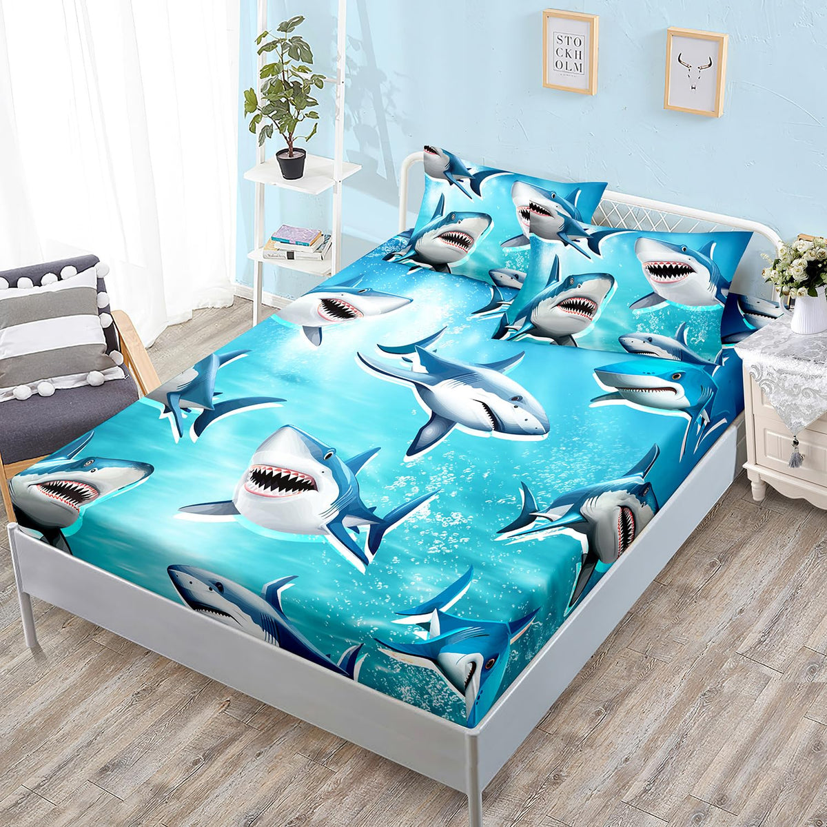 HOSIMA Teens Shark Print Fitted Sheet Set,Shark Swimming in The Underwater World Pattern Bedding Sets Full Size,Ocean Animal Theme Fitted Sheet for Kids Boys Room Decor,1 Fitted Sheet+2 Pillowcases.