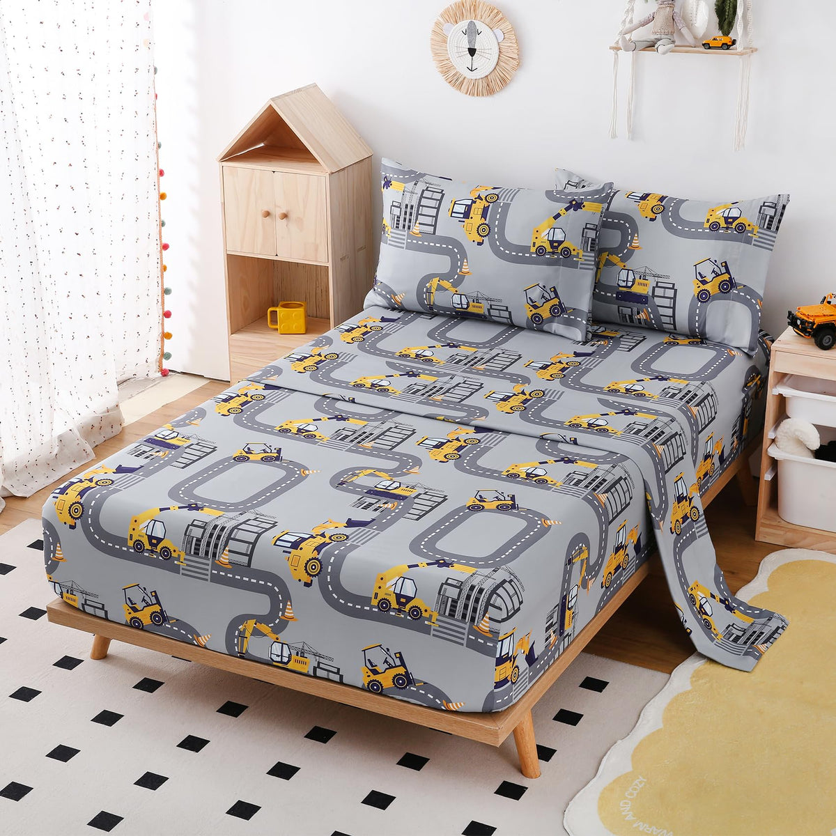 Yibeizi Twin Sheets Set Kids, Grey Truck Pattern Microfiber Single Bed Sheets, Cute Soft Oeko-Tex Extra Deep Pocket Sheets & Pillowcases Cooling Hypoallergenic Wrinkle Free Bedsheets