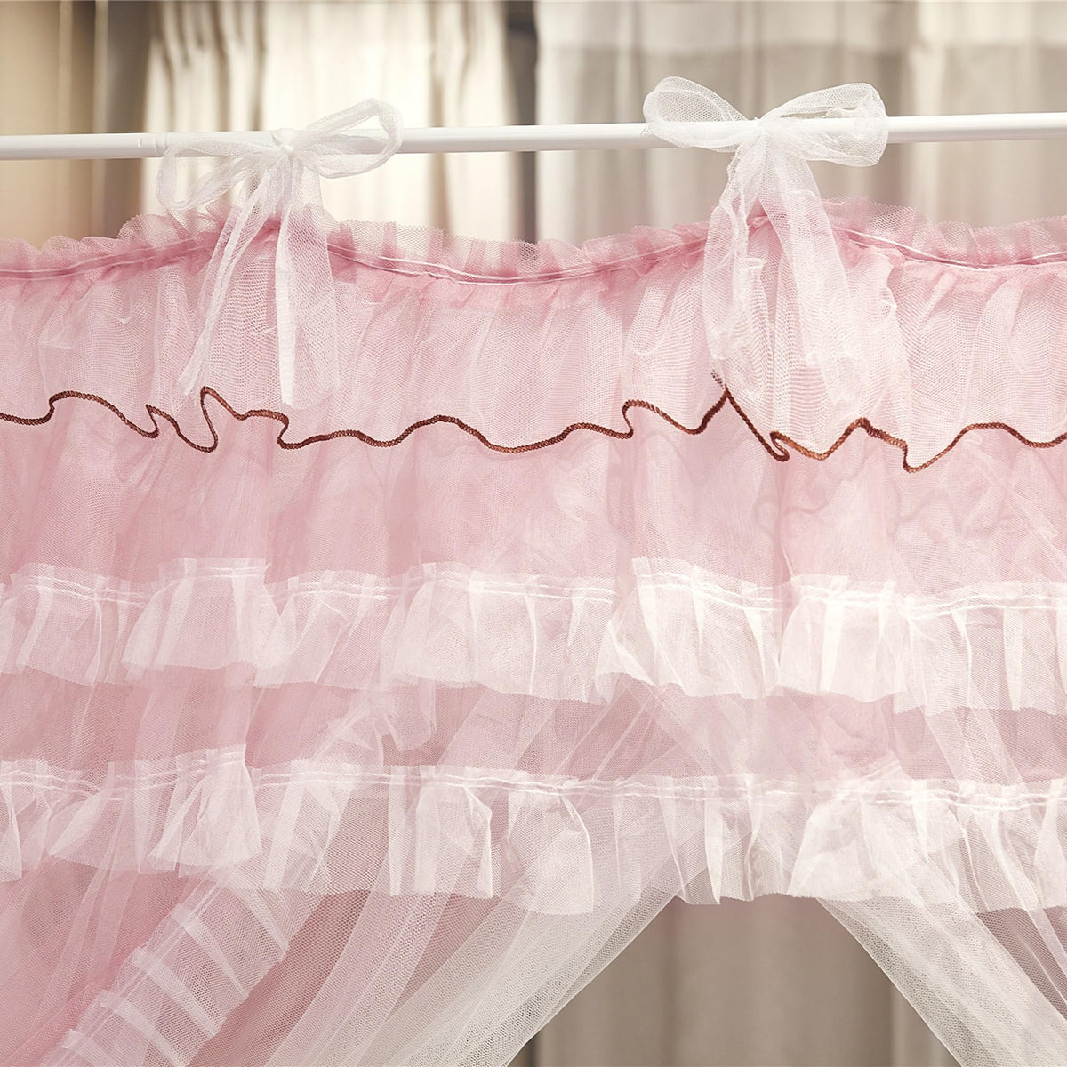 NXGIO Bed Canopy Curtain Double Layer 4 Corners Post Lace Up Ruffle Princess Drape Netting 4 Opening Mosquito Net for Girls Bedroom Decoration (Pink/White, 53" W*78" L*82" H/Full)