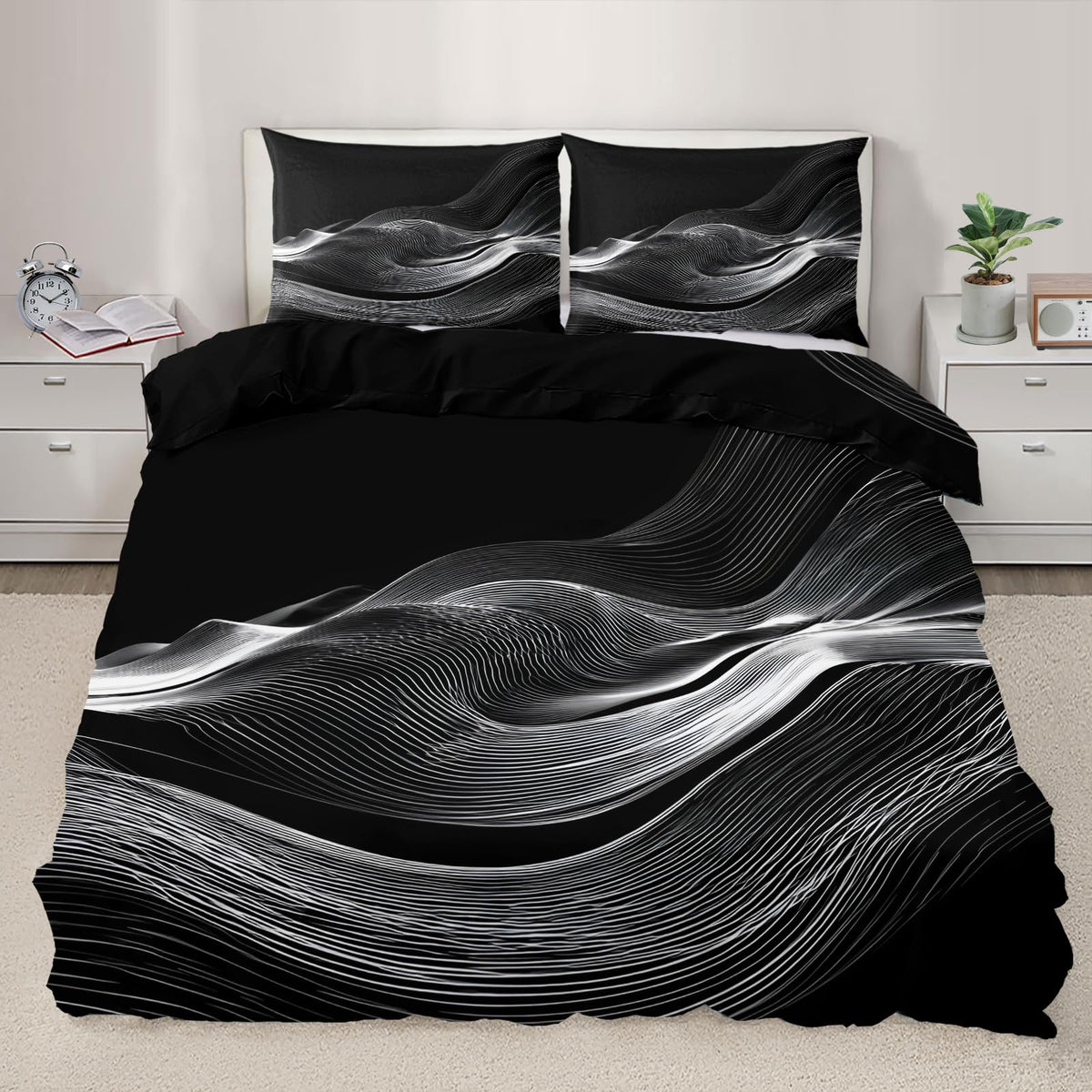 ZAOMIR Black White Duvet Cover Queen Size, Psychedelic White Wavy Stripes Bedding Set 3 Piece, Modern Abstract Geometric Line Patterned Comforter Cover with Zipper Soft Microfiber, 2 Pillowcases