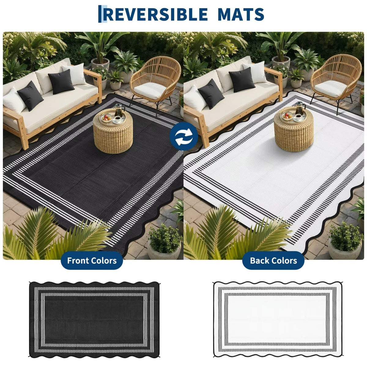Garvee Waterproof Outdoor Rug 9x18, Scalloped Geometric Foldable Plastic Straw Patio Camping Rug, Outdoor RV Carpet for Deck Camper Porch Balcony Backyard Picnic Beach Black and White