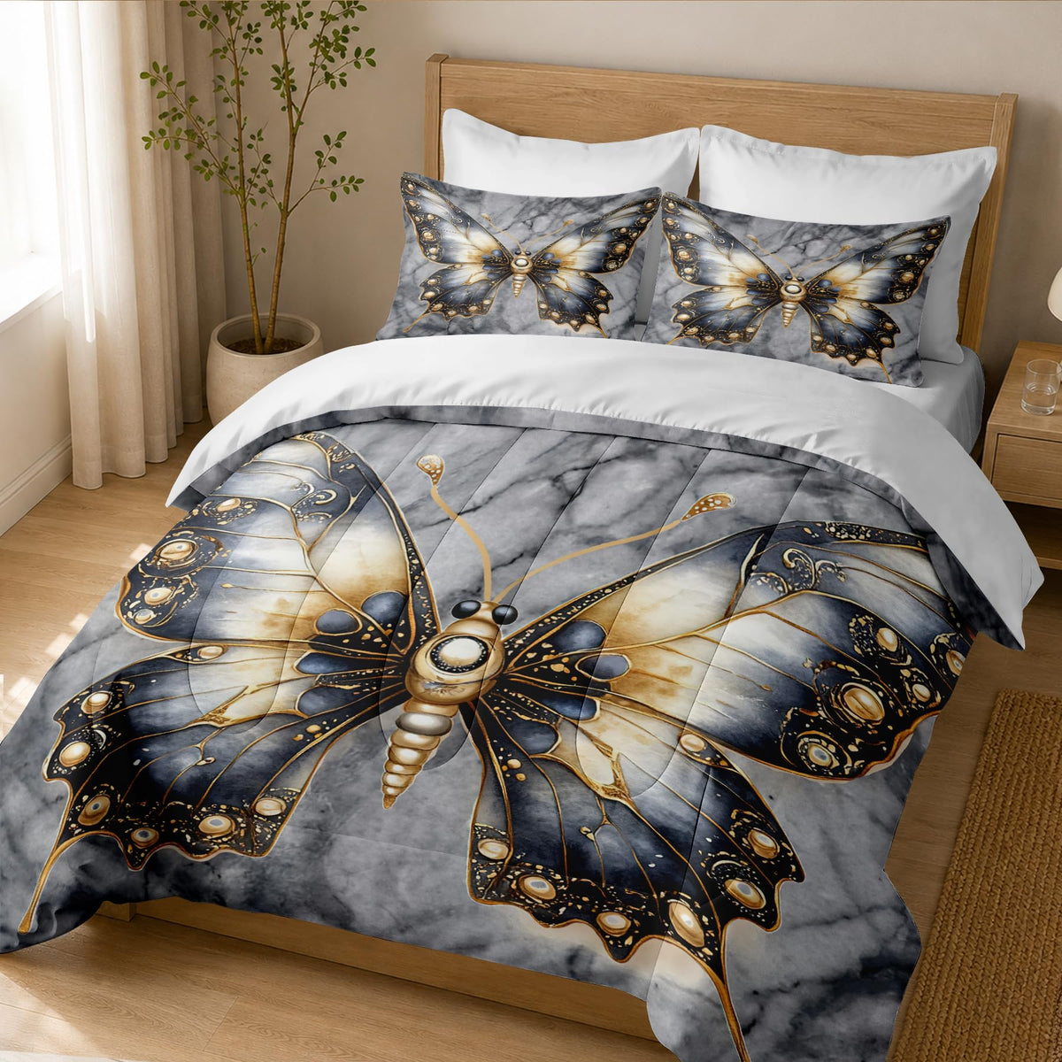 CCoutueChen Kids Butterfly Comforter Twin Size, Grey Marble Bedding Set, 2 Pcs Marble Texture Artistic Warm Microfiber Bed Set with 1 Pillowcase, 68"x86"