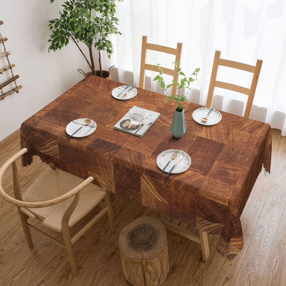 DRAVVIX Wooden Natural Texture Rectangular Tablecloth Brown Wooden Pattern Table Cloth with Wavy Lace Decoration Polyester Table Cover for Dining, Parties 54x72 inch