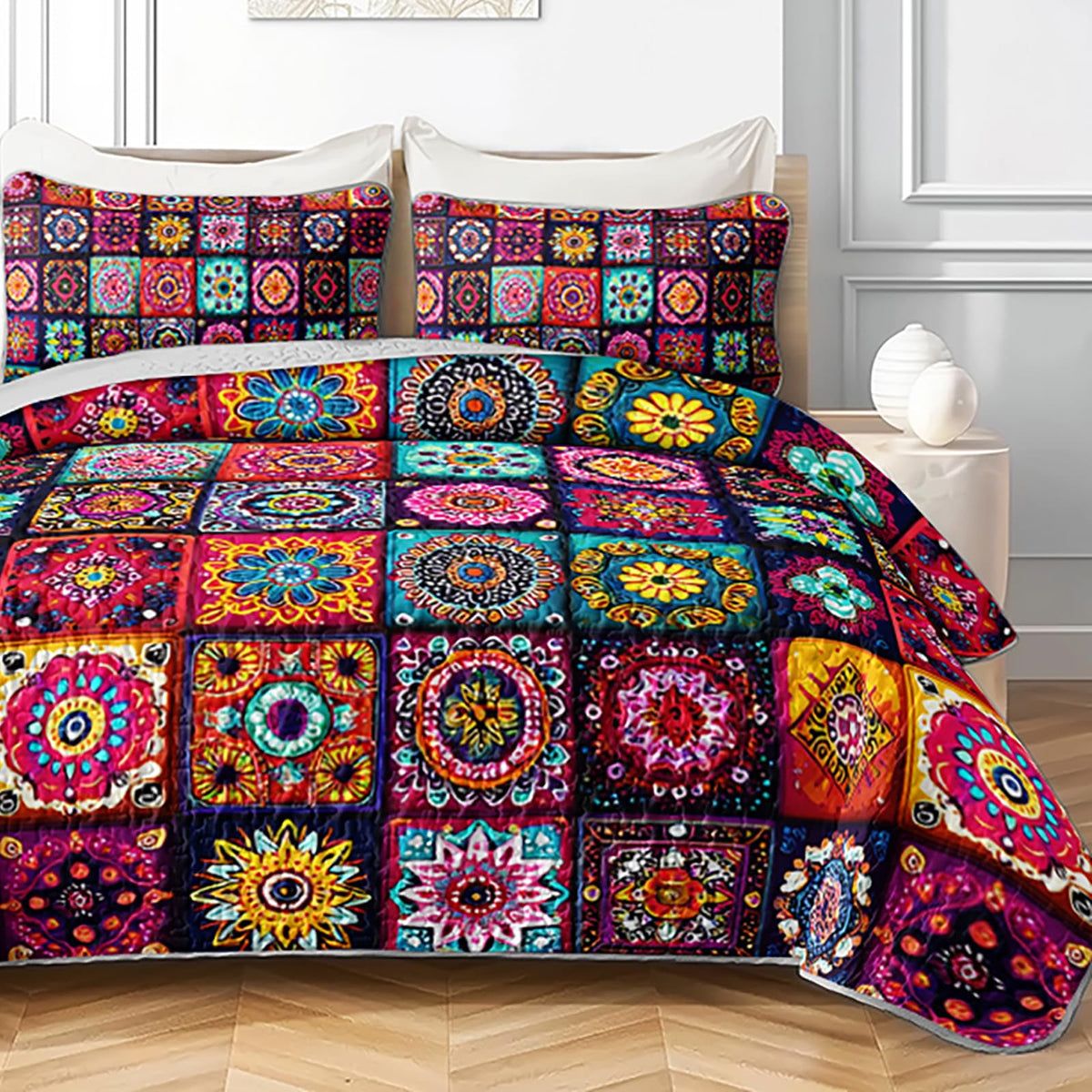AILONEN Boho Floral Quilt Set Queen Size, Colorful Mandala Bohemian Ethnic Flower Bedspread Coverlet,Microfiber Bed Cover 3Pcs,2 Pillowcases