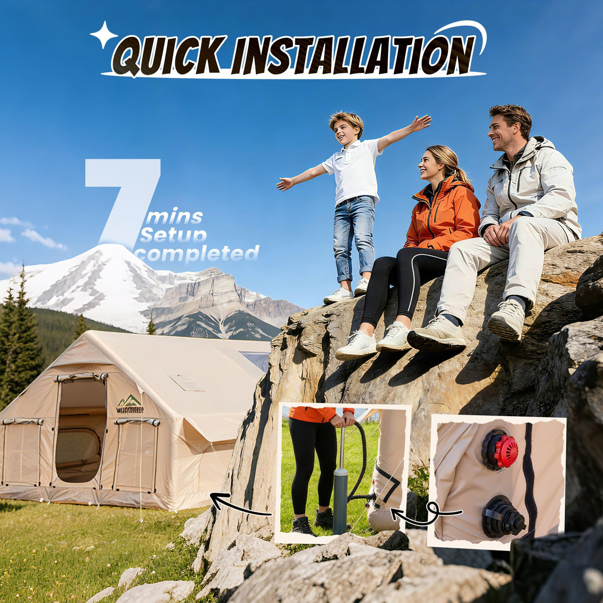 Inflatable Tent with Skylight, Quick Setup Blow Up Tents with Pump, Hot Tent with Stove Jack, Waterproof Oxford Inflatable House for Camping, Air Glamping Tents for Camping Adult 8-12 Person