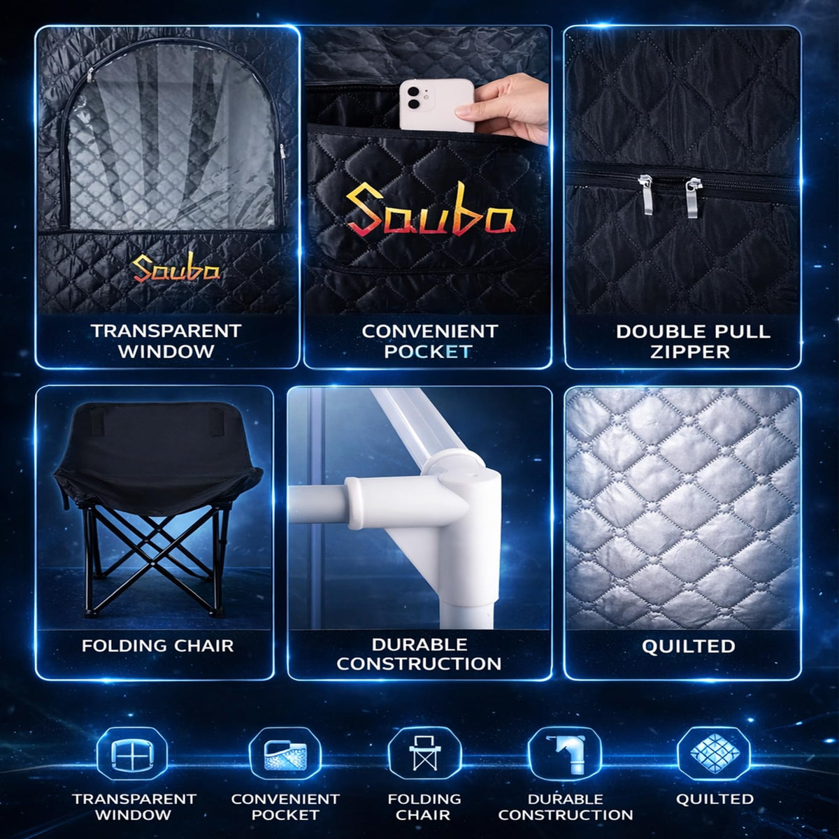 Sauba Portable Steam Sauna for Home,at Home spa,Relaxation,hot Tent,Personal Steam Room,Sauna Box,Home Sauna,Folding Chair,Remote Control,9 Levels (Quilted)